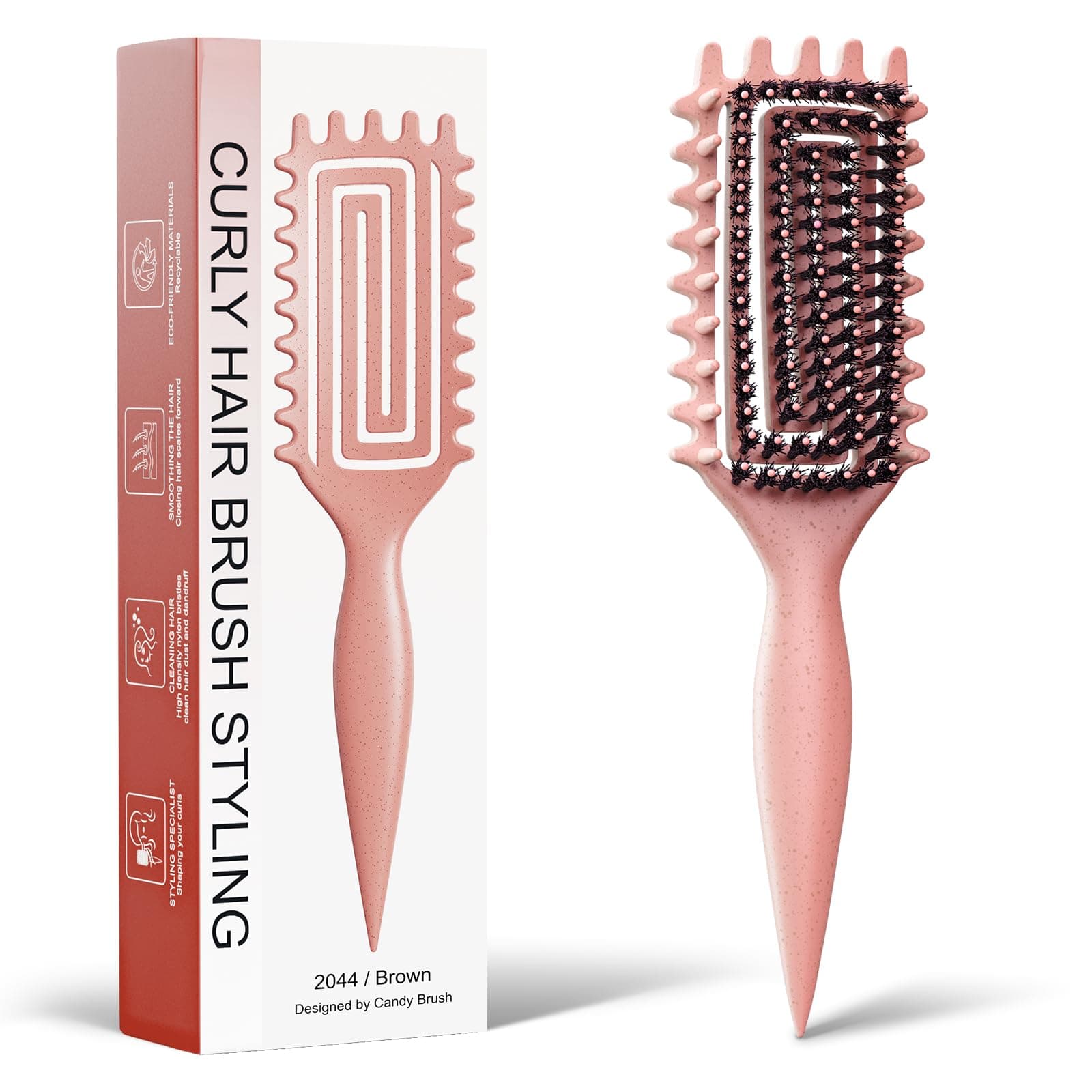 Curly Hair Brush, Curl Defining Brush with Soft Boar Bristles Detangling Tangled Glides, Wide-Teeth Design Effortlessly Shaping & Defining Curls, Curling Definer for Wet & Dry Hair (Beige)