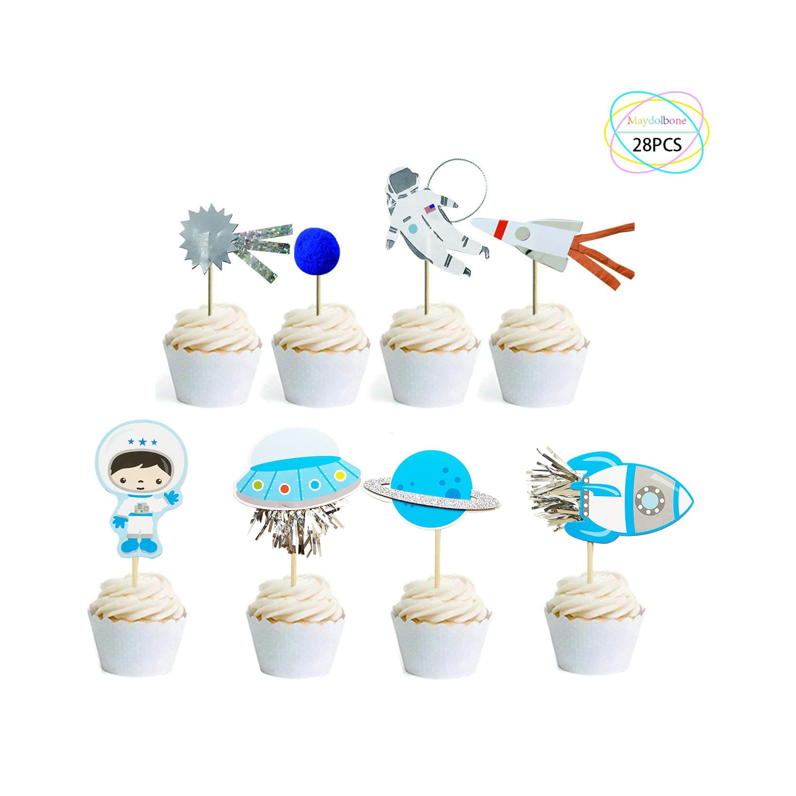 28Pcs Space Astronaut Cupcake Toppers Rocket Cake Decorations for Space Theme Party Kids Birthday Party Baby Shower