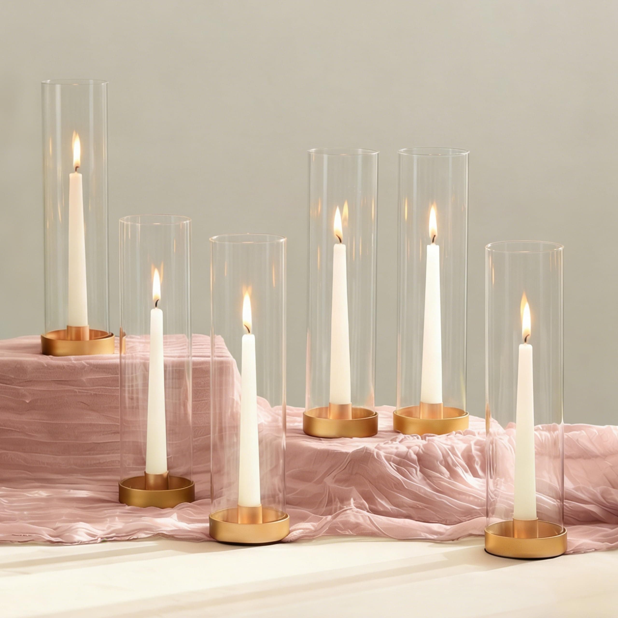 NUPTIO Hurricane Glass Candle Holders: 6 Pcs Gold Metal Taper Candlesticks Holder with 11.81 inch Long Clear Bottomless Cylinder Cover Stands for Wedding Anniversary Bridal Shower Table Centerpiece