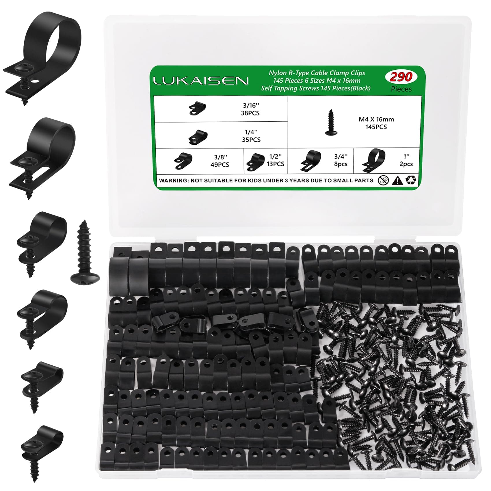 290 PCS Black Nylon P-Clips, 3/16'' 1/4'' 3/8'' 1/2'' 3/4'' 1'' Inch Plastic Cable Clips Wire Clamp, Nylon Screw Mounting Cord Fastener Clamp with 145 PCS Screws, for Wire Management