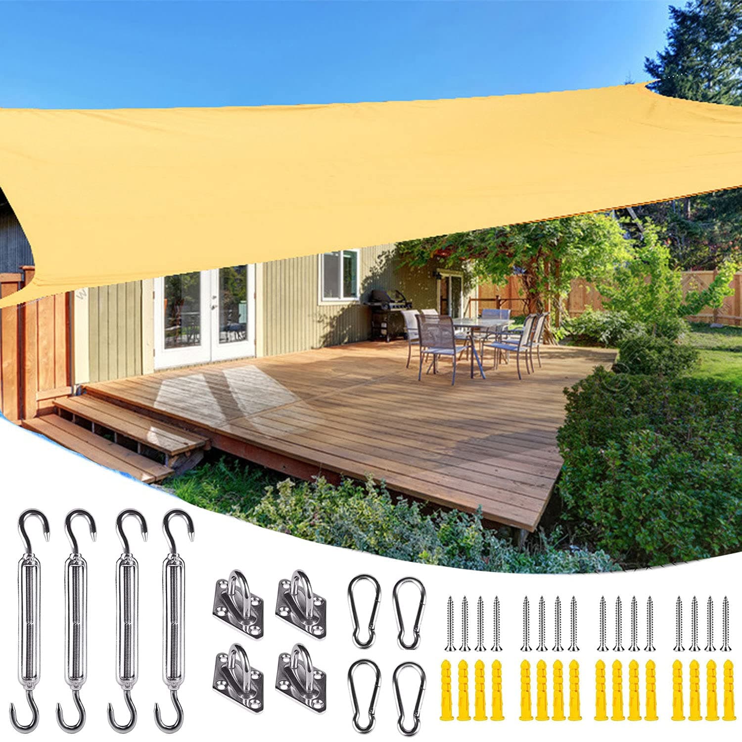 D&D Sun Shade Sail Waterproof Uv Block Polyester Oxford Fabric Rectangle Square Shade Sail Outdoor Sunshade Swimming Pool Cover With Hardware Kit (Beige,5x5M)