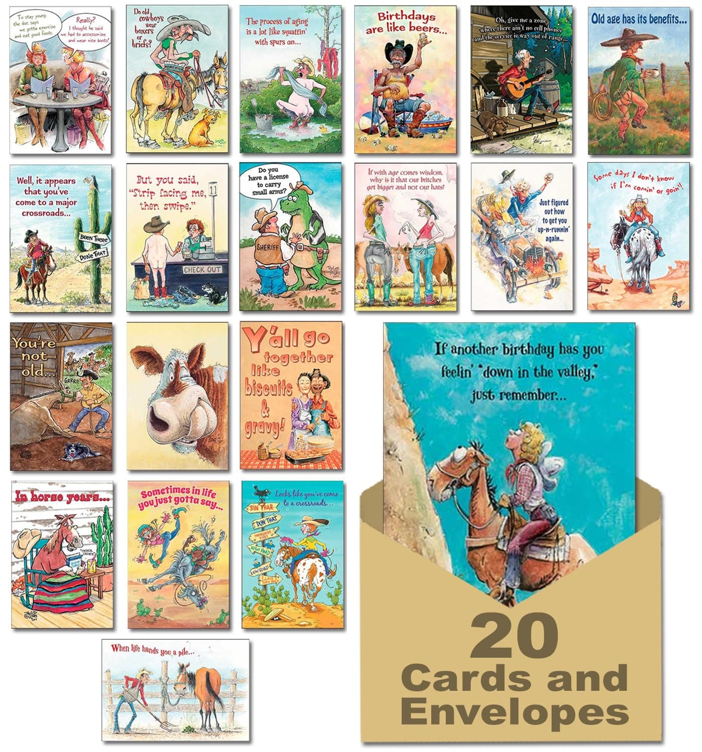 Leanin' Tree Western Chuckles - Made in USA - 20 Assorted Cards with Envelopes All Occasion, Birthday Cards Funny Enough to Make You Laugh, Includes Birthday, Encouragement, Friendship, Get Well
