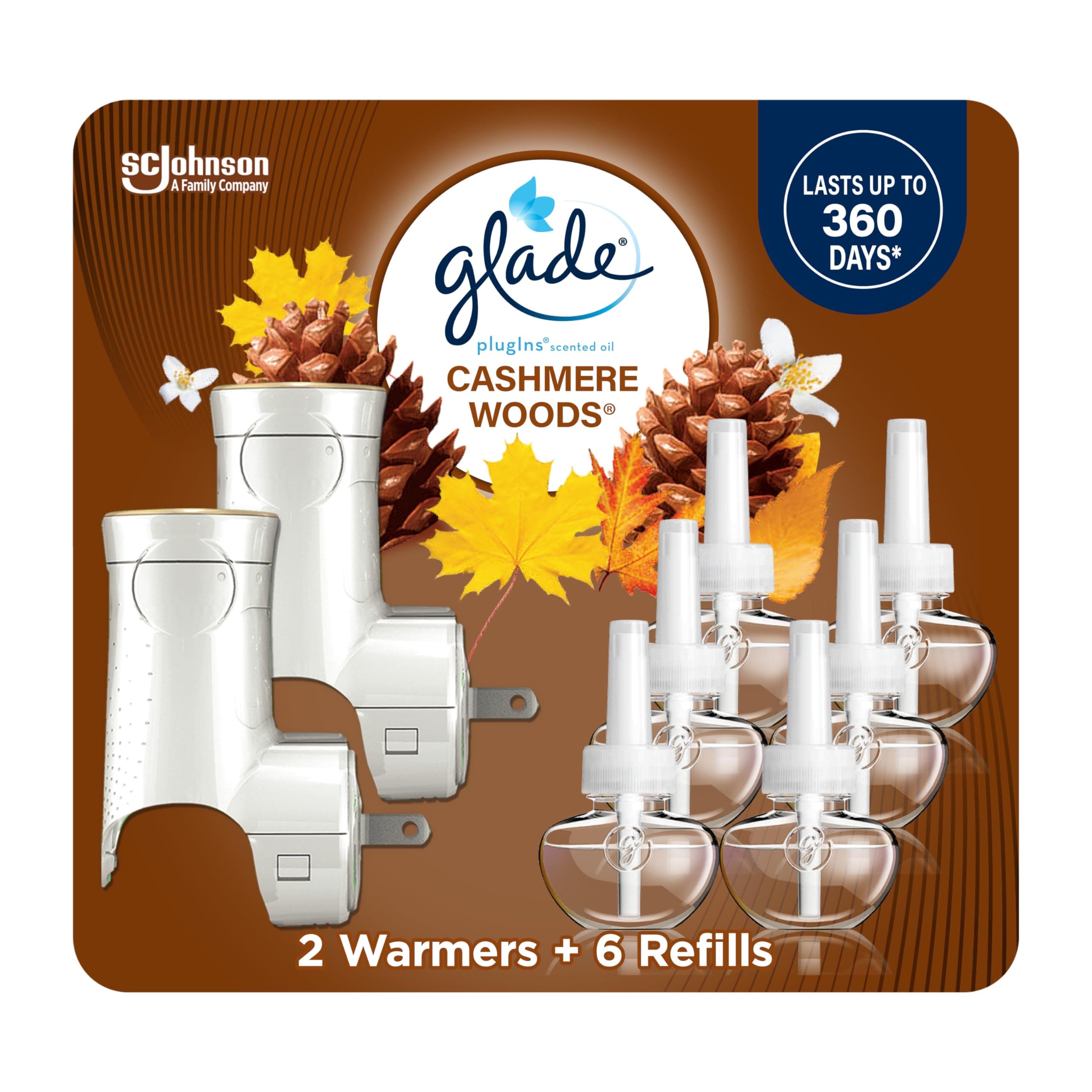 Glade PlugIns Scented Oil Warmer and Cashmere Woods Starter Kit (2 Warmers + 6 Refills), Essential Oil Infused Wall Plug In, Up to 50 Days of Continuous Fragrance, 2 Warmers, 4.02 FL OZ, Pack of