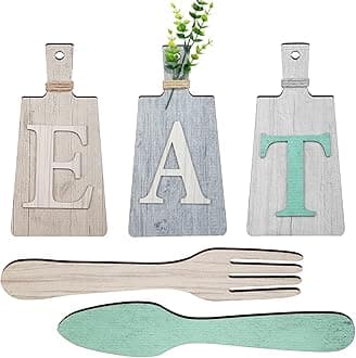Jetec Cutting Board Eat Sign Set Hanging Art Kitchen Eat Sign Fork and Spoon Wall Decor Rustic Primitive Country Farmhouse Kitchen Decor for Kitchen and Home Decoration (Beige, Dark Gray, Gray White)