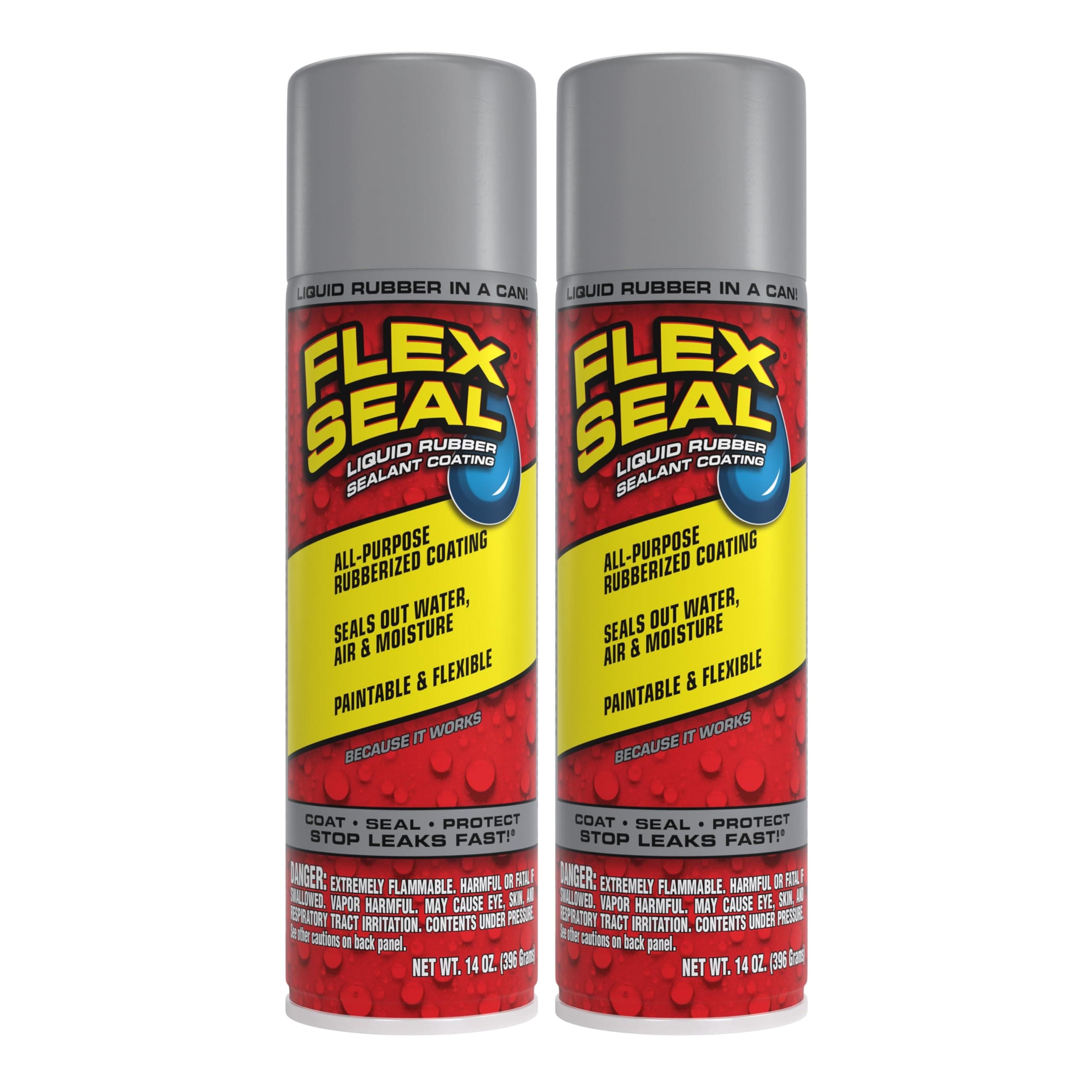 Flex Seal, 14 oz, 2-Pack, Gray, Stop Leaks Instantly, Waterproof Rubber Spray On Sealant Coating, Perfect for Gutters, Wood, RV, Campers, Roof Repair, Skylights, Windows, and More