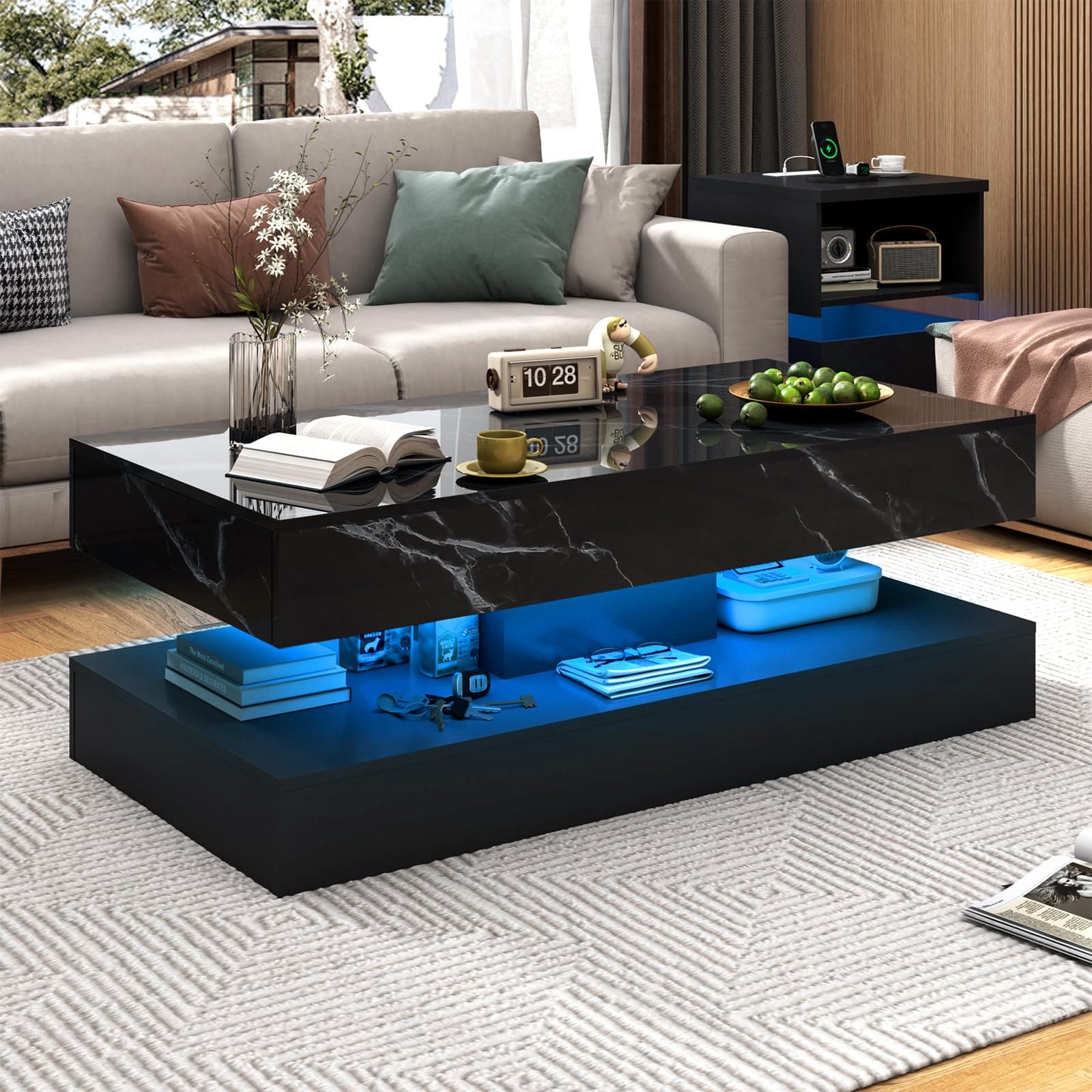 chartustriable 47.2" Large High-Glossy LED Coffee Table with 2 Sliding Drawers, Living Room Storage Coffee Tables with Marbling Print, Modern Stylish Double-Layer Center Tables w/LED Lights, Black