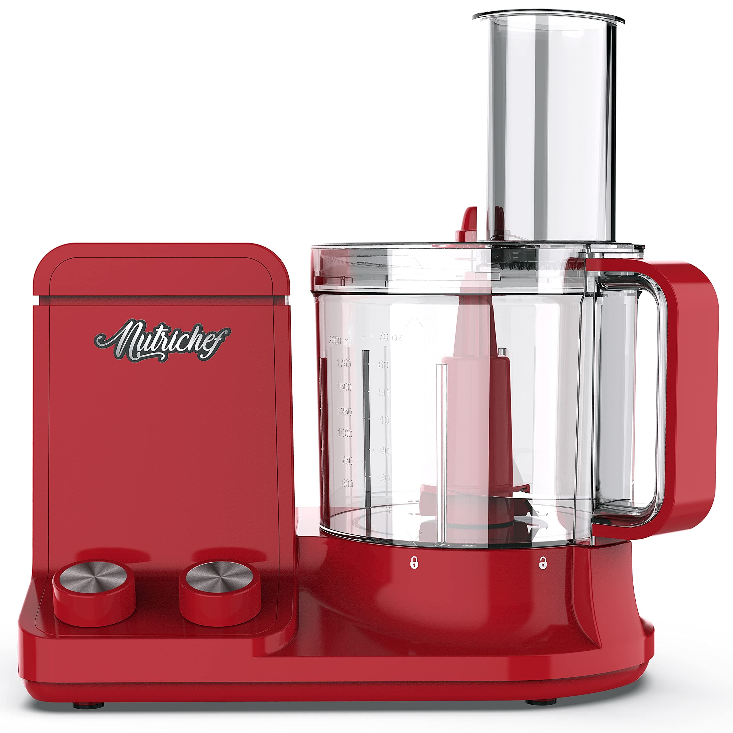 NutriChef Food Processor 12-Cup Capacity - Multipurpose Kitchen Appliance with Ultra-Quiet Motor, Includes 6 Attachment Blades & Silicone Feet for Enhanced Stability (Red)