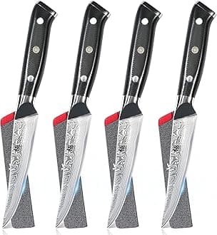KYOKU Damascus Non-Serrated Steak Knives Set of 4 - Shogun Series - Japanese VG10 Steel - with Sheath & Case