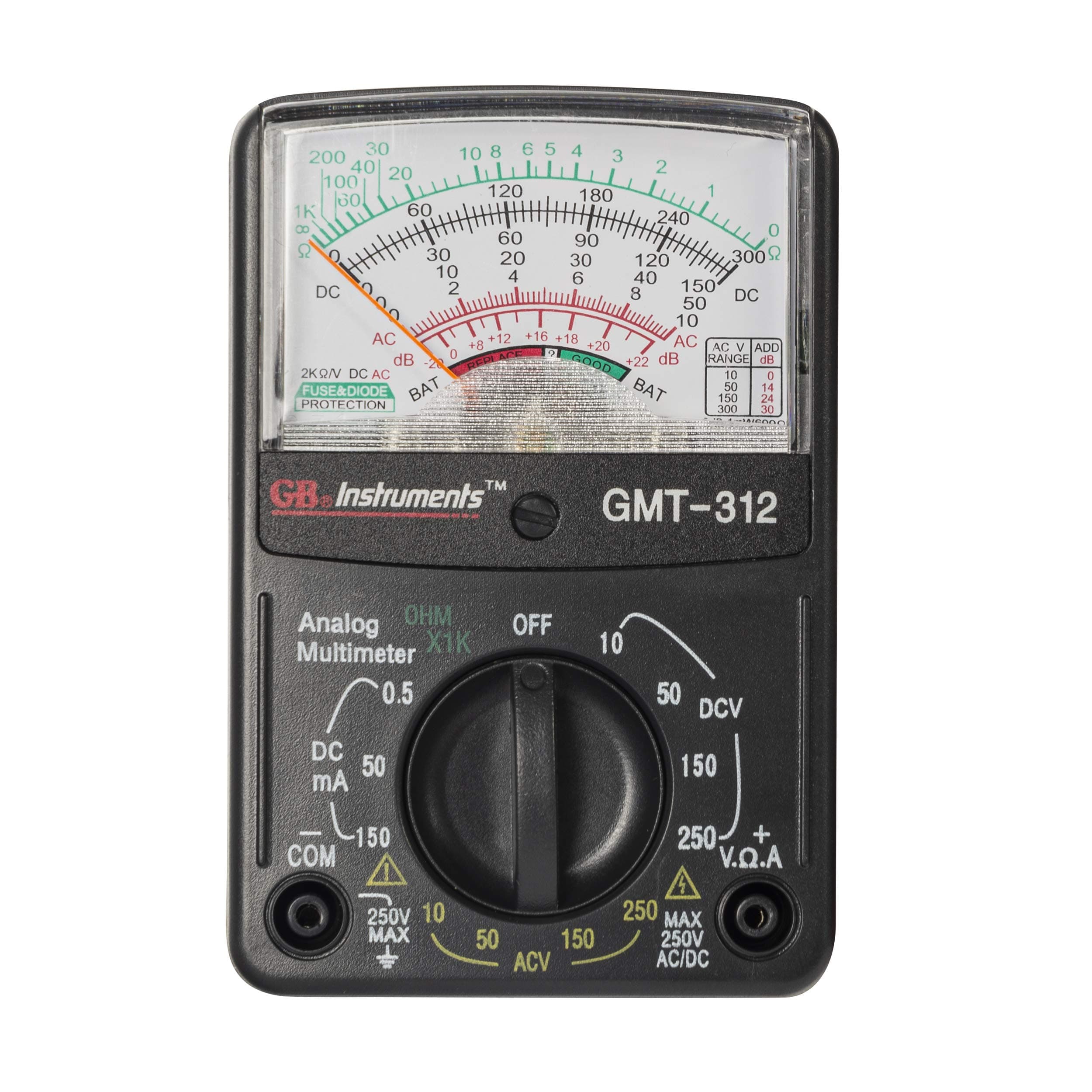 Gardner Bender GMT-312 Analog Multimeter, 5 Function / 12 Range, 300V AC/DC, for AC/DC Voltage & Current, Resistance, Continuity & Batteries, Black