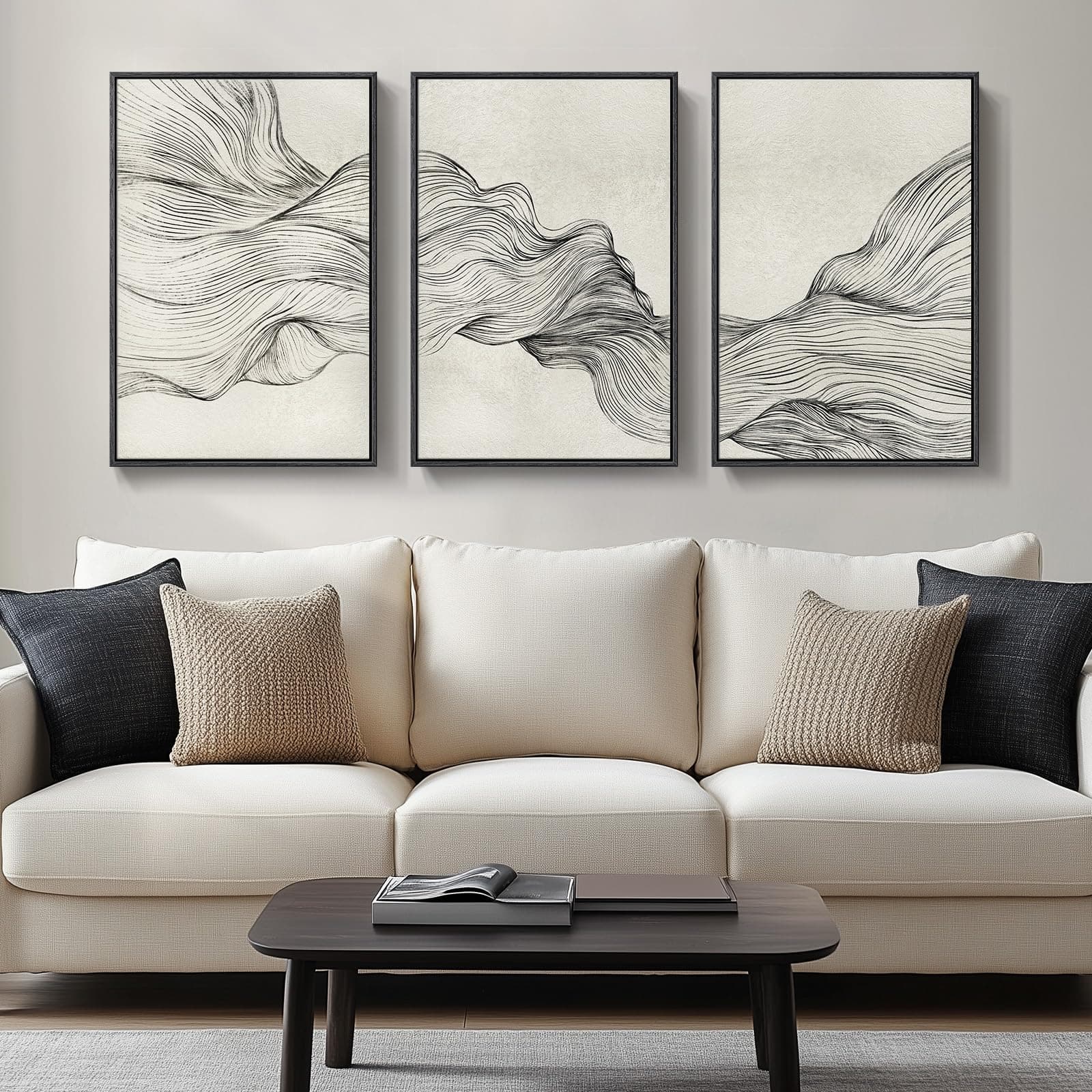 Large Framed Neutral Modern Abstract Wall Art, 3 Piece Black and Beige Canvas Prints Paintings Artwork for Walls, Minimalist Line Pictures for Living Room Hallway Office Wall Decor -Total 30x60 Inch