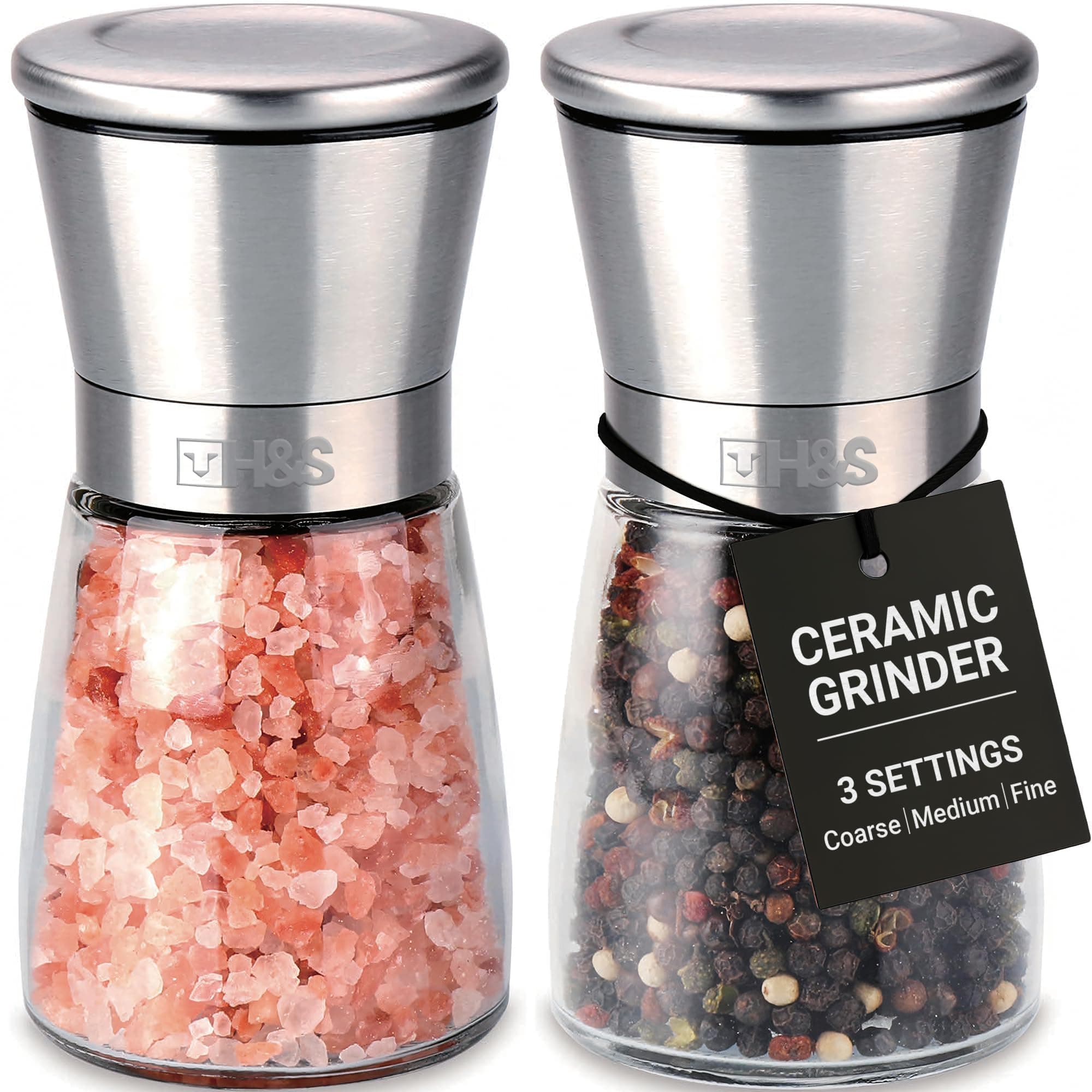 Salt and Pepper Grinder Set - Manual Mill Grinders for Kitchen - Glass and Stainless Steel Spice Mills with Adjustable Coarseness - Easy to Use and Fill - Large Capacity