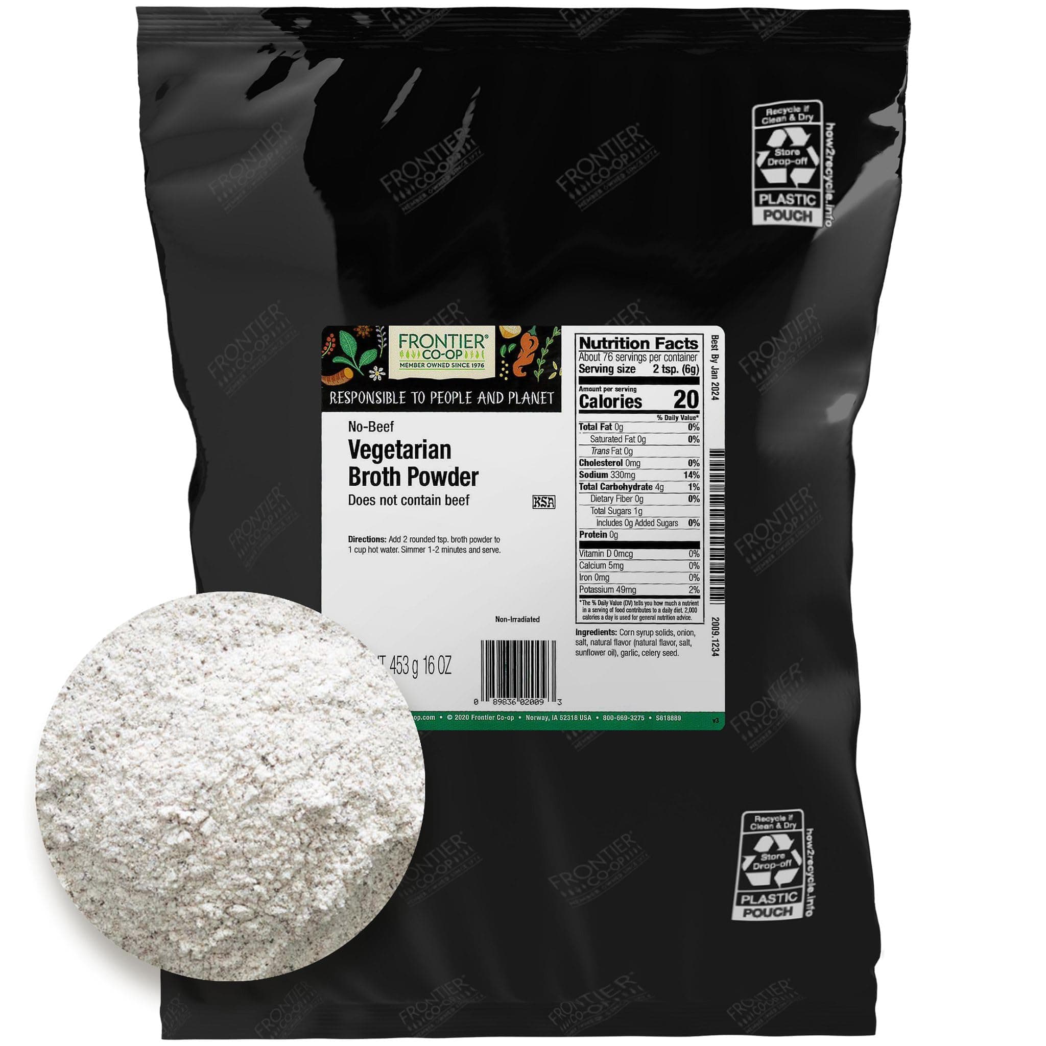 Frontier Co-op No Beef Broth Powder, 1-Pound Bulk Bag, Vegetarian Beef Broth, Soup Base, Gravy, Hot Drink, Kosher