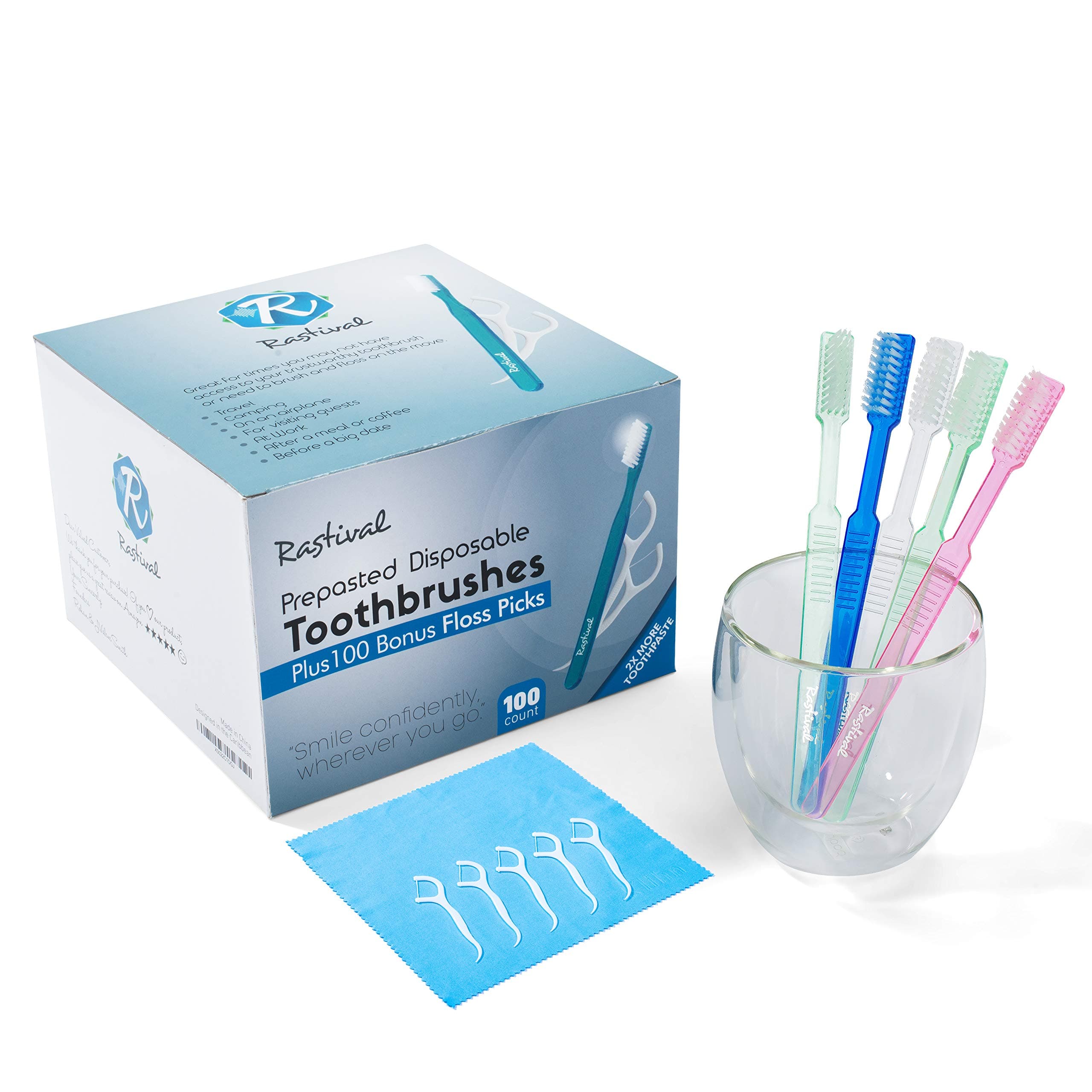 100 𝙋𝙧𝙚𝙢𝙞𝙪𝙢 𝙋𝙍𝙀𝙋𝘼𝙎𝙏𝙀𝘿 disposable toothbrushes with Dental 𝐅𝐋𝐎𝐒𝐒 for Travel, Hotel, Guest Individually Wrapped Bulk ToothBrush Kit with Great Minty Taste
