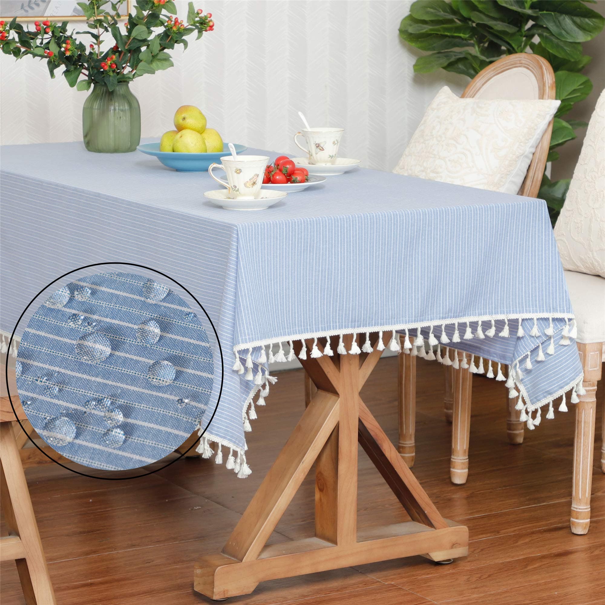 LUCKYHOUSEHOME Blue and White Stripe Tassel Rectangular Tablecloth Waterproof Rural Home Kitchen Dinning Tabletop Table Cover 55 x 71 Inch