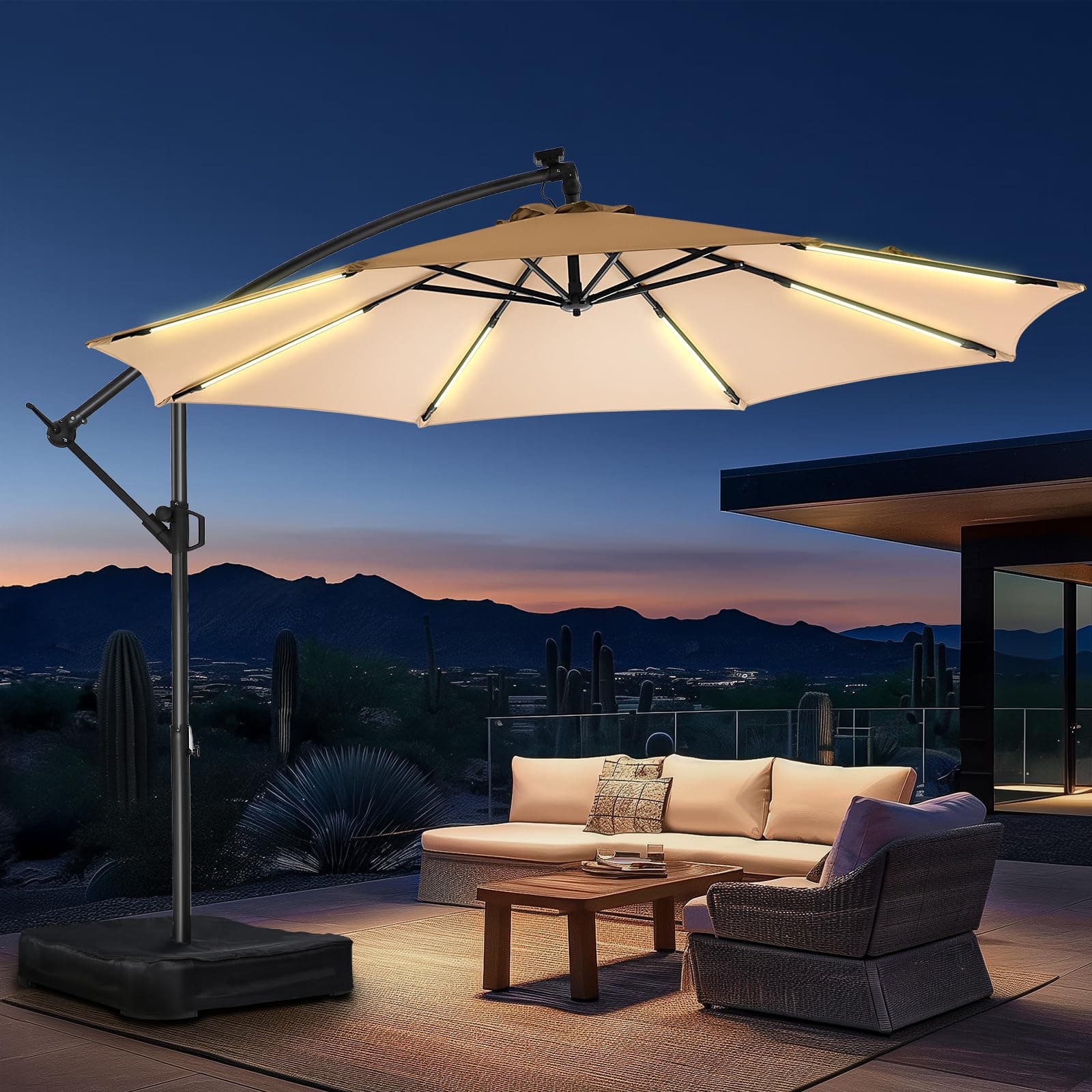 HOMSHADE 10 ft Offset Patio Umbrella with Solar Lights, LED Lighted Umbrella Outdoor Patio with Base Included, Heavy Duty Hanging Cantilever Umbrellas for Pool Deck with UV Protection&Easy Tilt, Beige