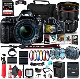 Canon EOS 5D Mark IV DSLR Camera with 24-70mm f/4L Lens (1483C018) + Canon EF 24-70mm f/2.8L II USM Lens (5175B002) + 64GB Memory Card + Color Filter Kit + 2 x LPE6 Battery + More