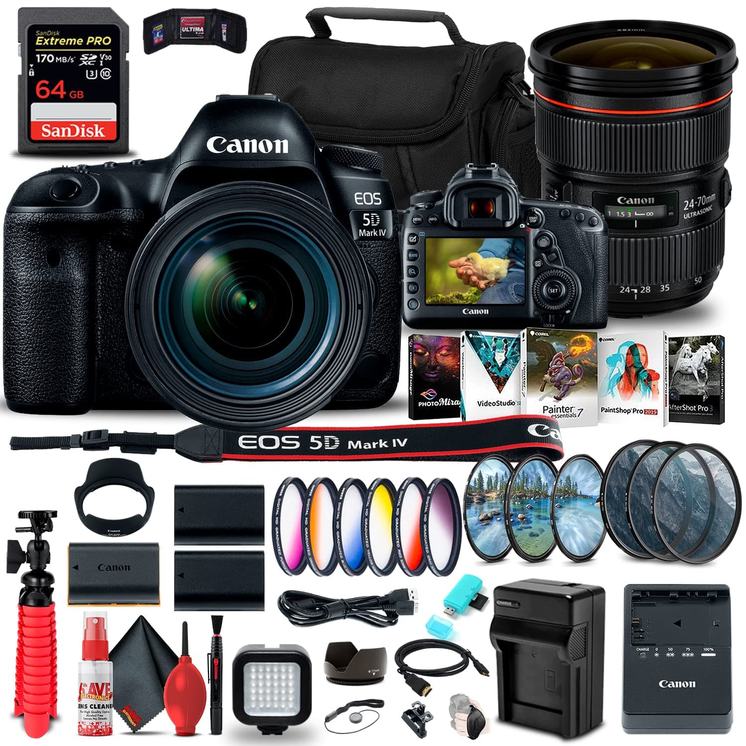 Canon EOS 5D Mark IV DSLR Camera with 24-70mm f/4L Lens (1483C018) + Canon EF 24-70mm f/2.8L II USM Lens (5175B002) + 64GB Memory Card + Color Filter Kit + 2 x LPE6 Battery + More