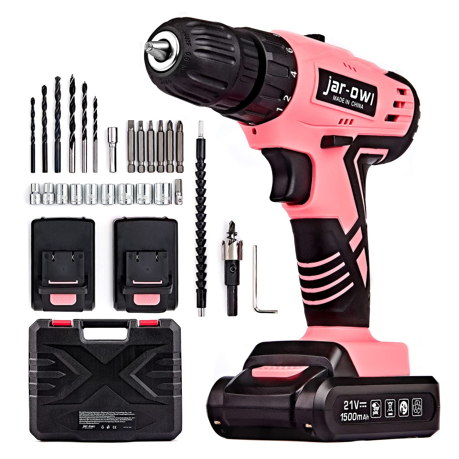jar-owl 21V Pink Tool Set with Drill, Power Cordless Dril Driver Home Tool Set with 3/8 Inch Keyless Chuck,1.5AH 2PCS Battery and Charger for Lady's Home Repairing Tool Kit