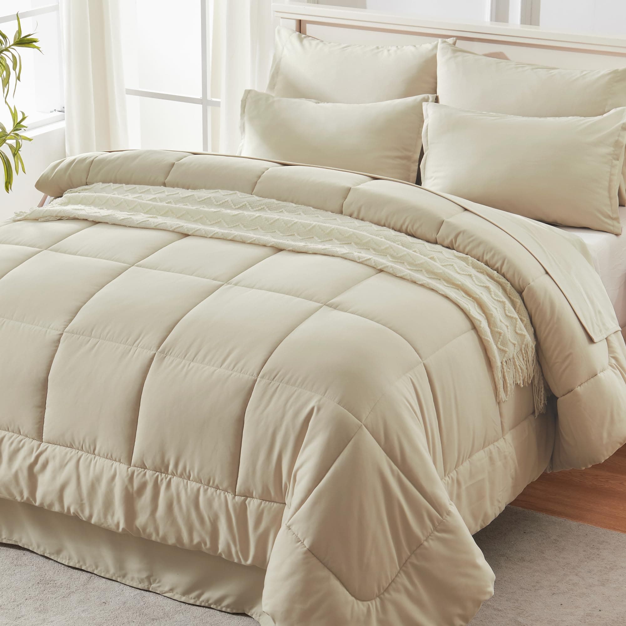 AndencyBeige Comforter Set King Size, 7 Pieces Bed in a Bag Bedding Sets, All Season Soft Fluffy Reversible Warm Comforter, Flat Sheet, Fitted Sheet, 2 Pillow Shams, 2 Pillowcases