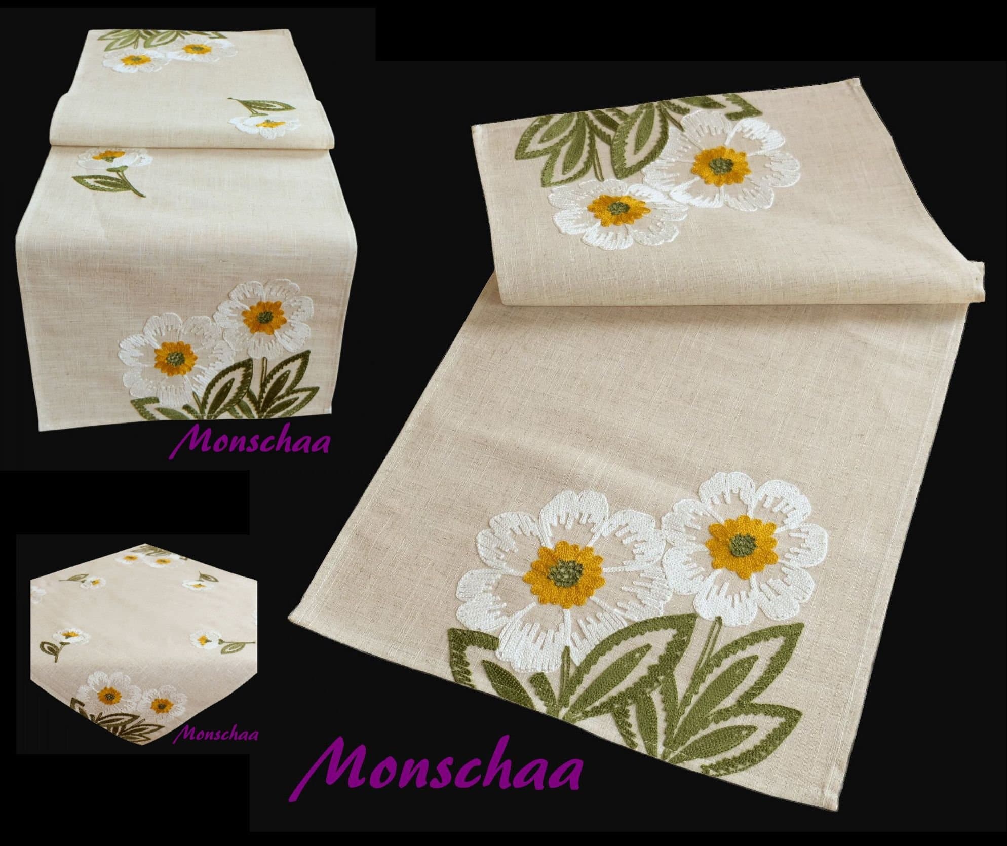 2260 Classic Table Covers/Runner with Crank Modern Embroidery on Linen Look Available in Different Sizes, textile, beige, 40 x 90 cm