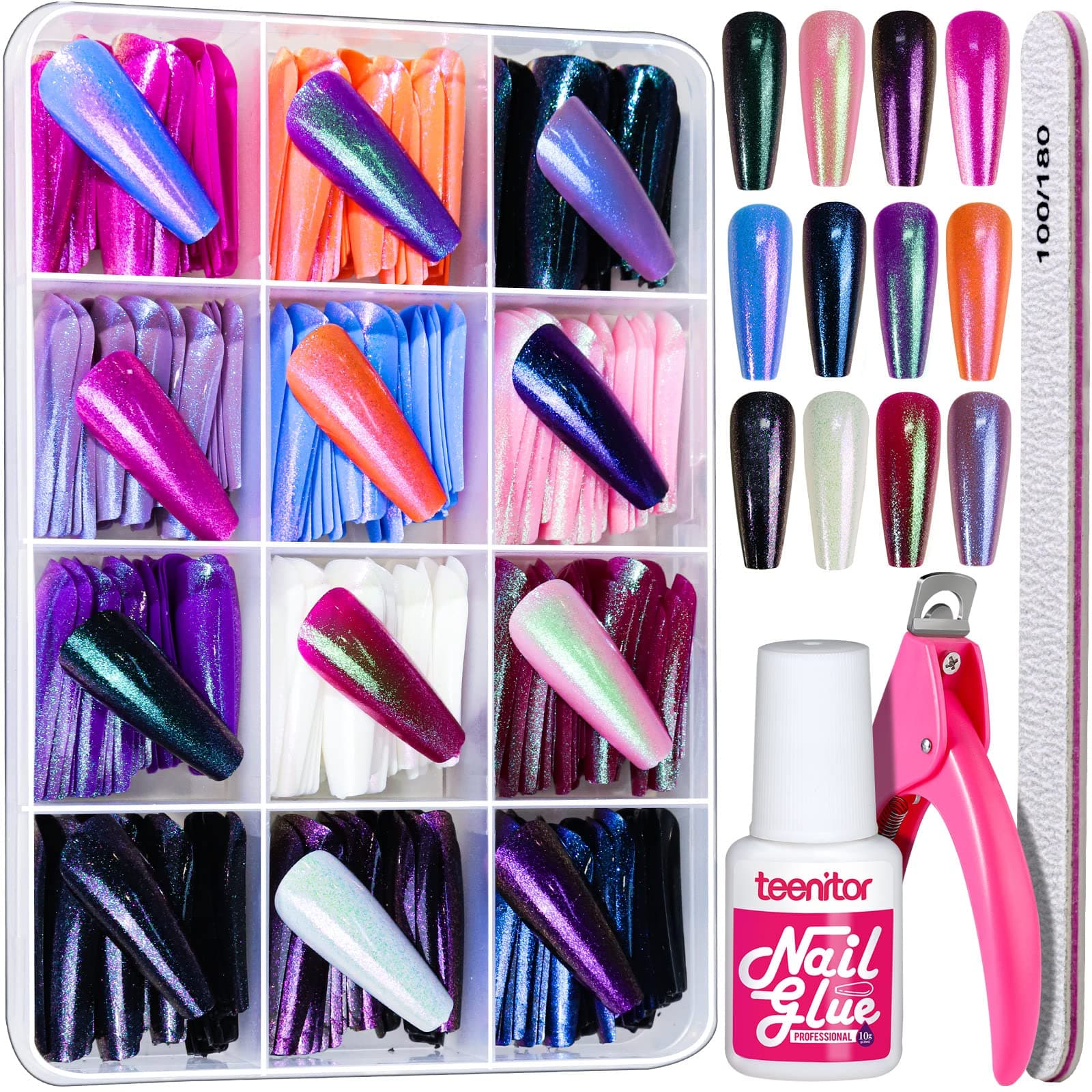 Long Press On Nails, Chrome Press On Nails 288pcs Long Coffin Ballerina False Nails, 12 Colors Full Cover Glue On Nails Holographic Metallic Mirror