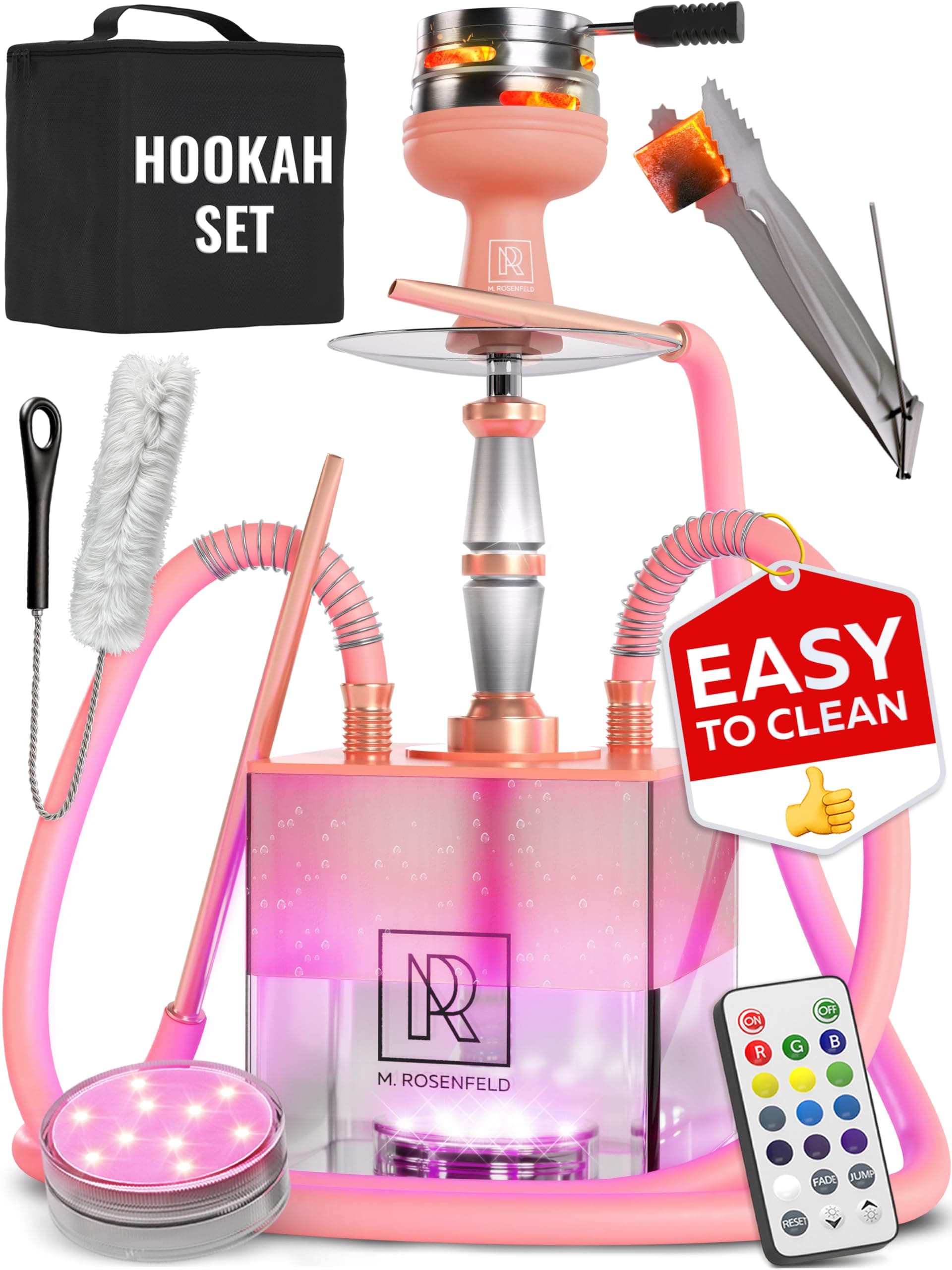 Rose Gold Hookah Set with Everything – Hookah Set 2 Hose with LED Base, Easy Setup, and Large Cloud Performance Hookah Machine - Premium Shisha 2 Hose for Home & Parties