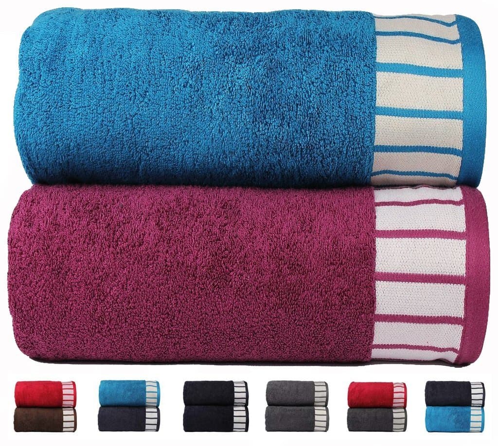 Trident His & Her 550 GSM 2 Pack Cotton Bath Towel Set - Teal Sachet & Purple
