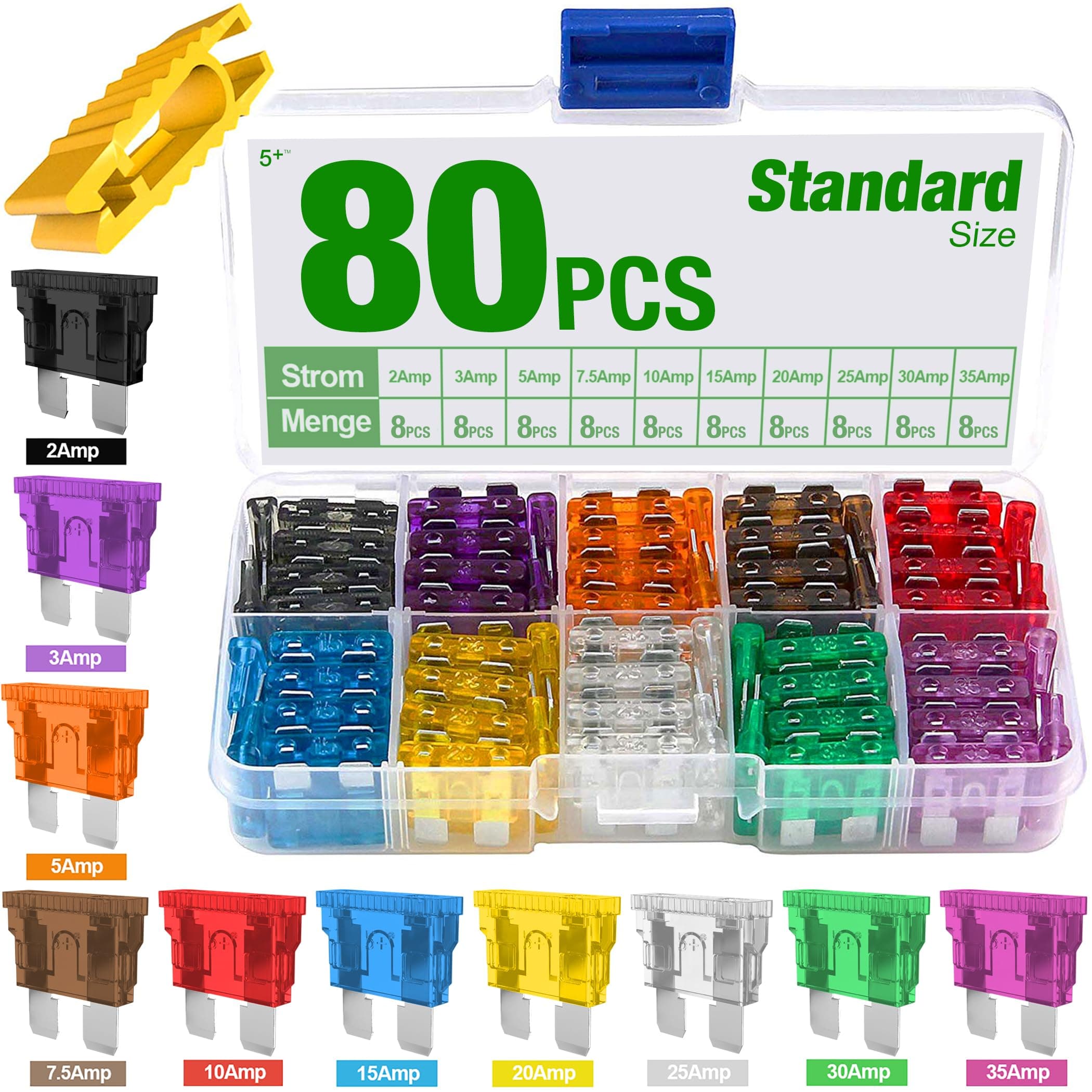 5Plus 80-Pack Assorted Auto Car Blade Fuses – Standard Fuse Replacement Kit (2A-35A) with Fuse Box and Extractor Tool