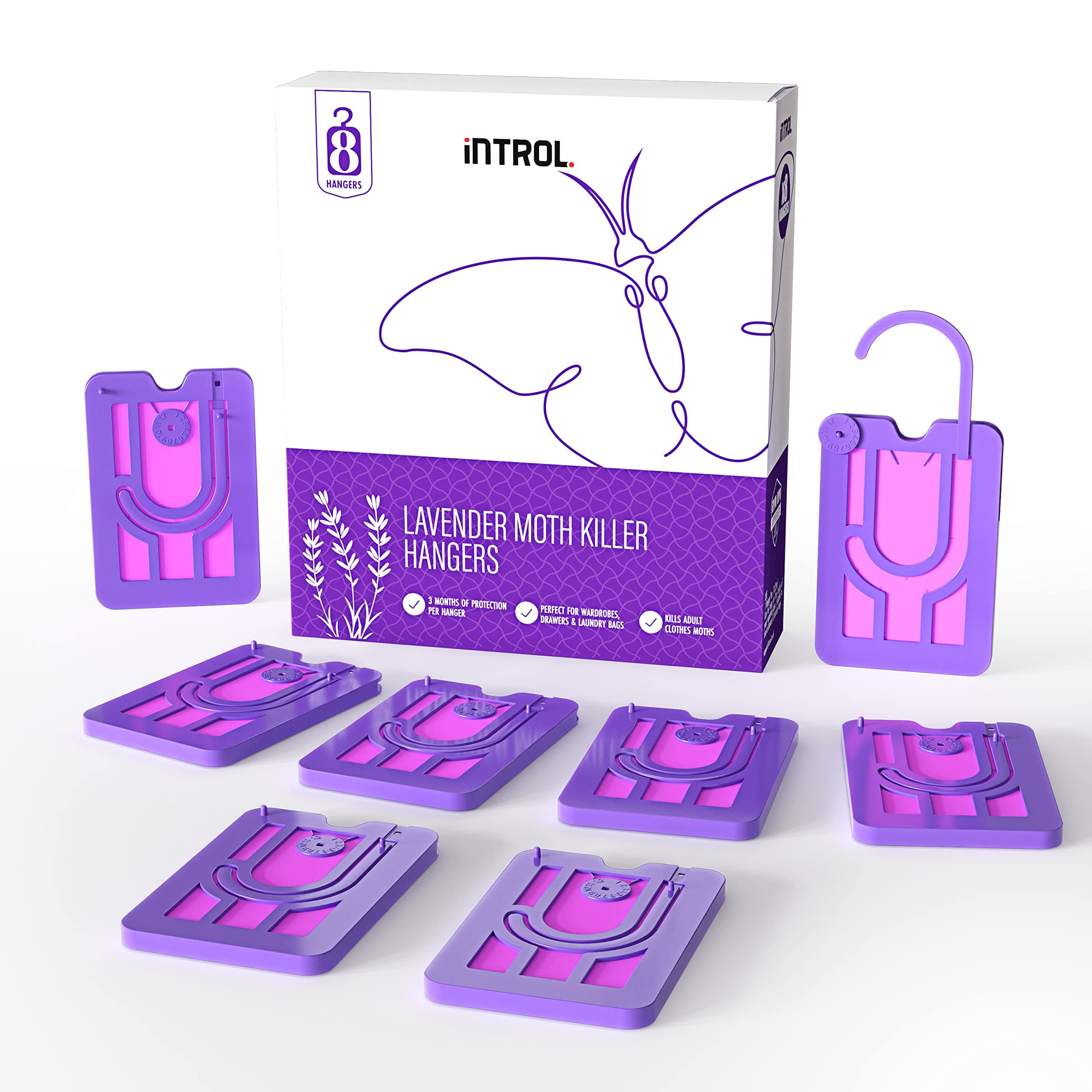 INTROL Lavender Moth Killer Hangers - Large 8 pack - Moth Wardrobe Repellent - Kills Moths Larvae and Eggs - Made in UK