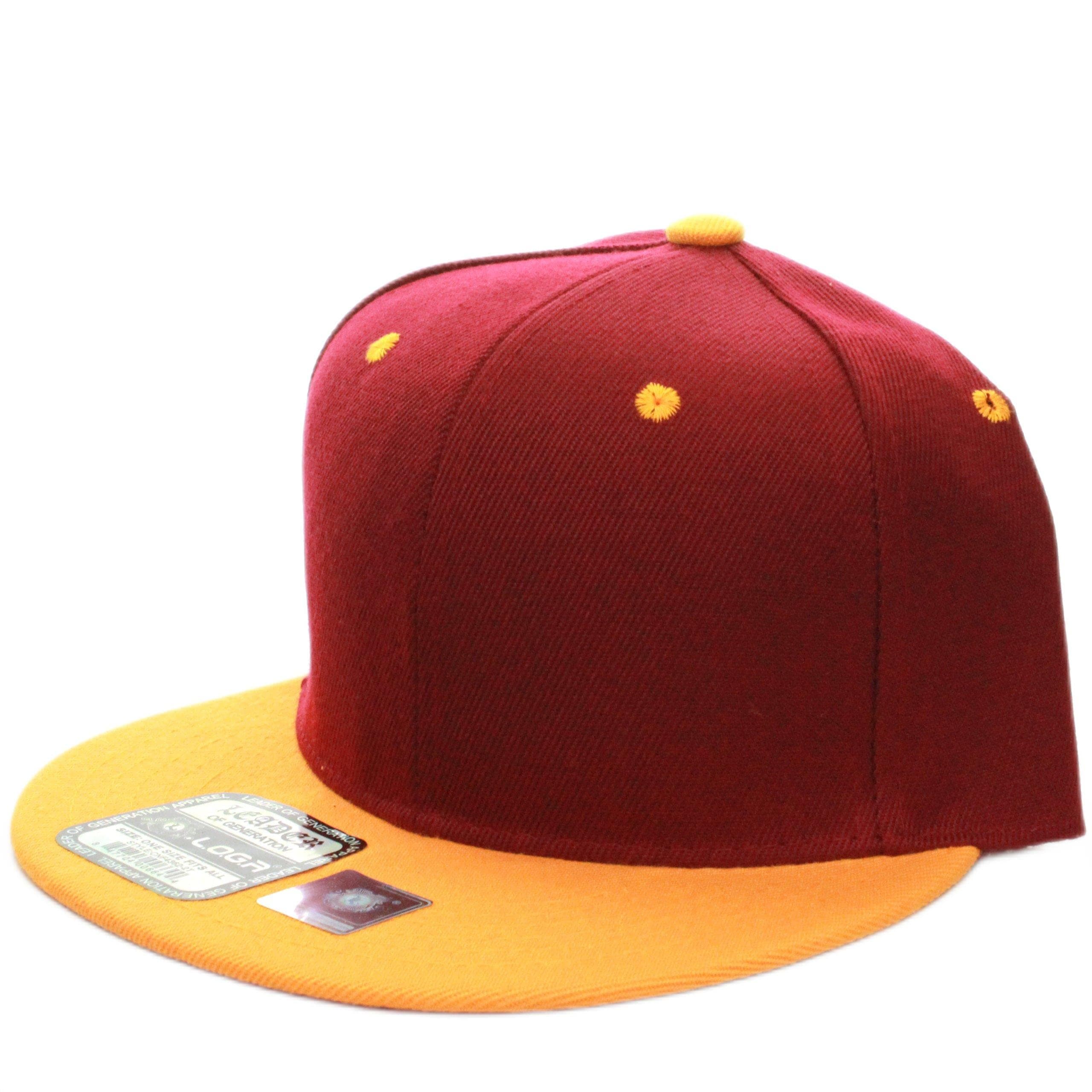 L.O.G.A Plain Flat Bill Visor Blank Snapback Hat Cap with Adjustable Snaps - Burgundy-Yellow