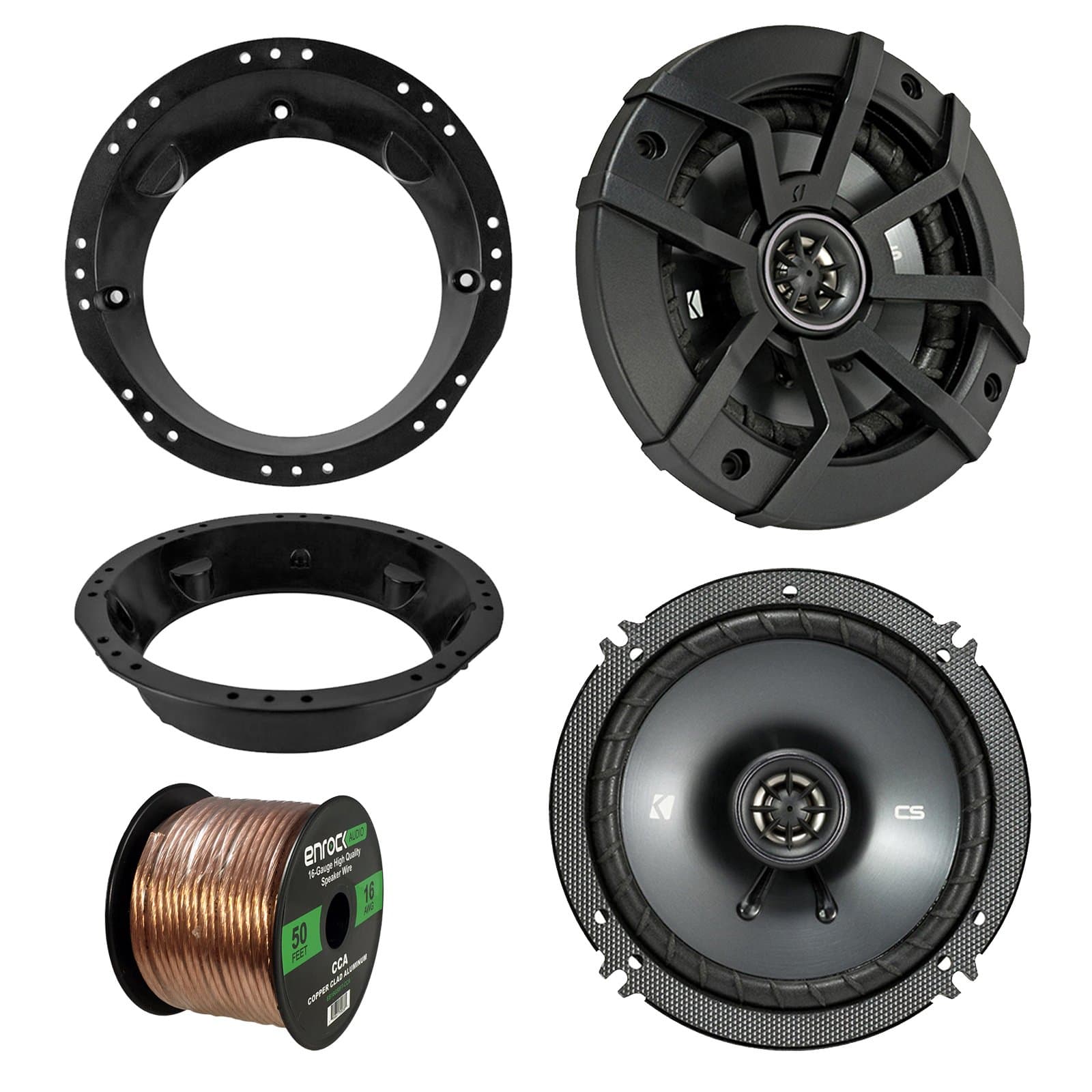 98-13 Harley Speaker Bundle: 2X Kicker 46CSC654 6.5" Inch 600 Watts 2-Way Black Car Stereo Coaxial Speakers Combo With Speaker Mounting Rings For Motorcycles + Enrock 50 Foot 16 Guage Speaker Wire
