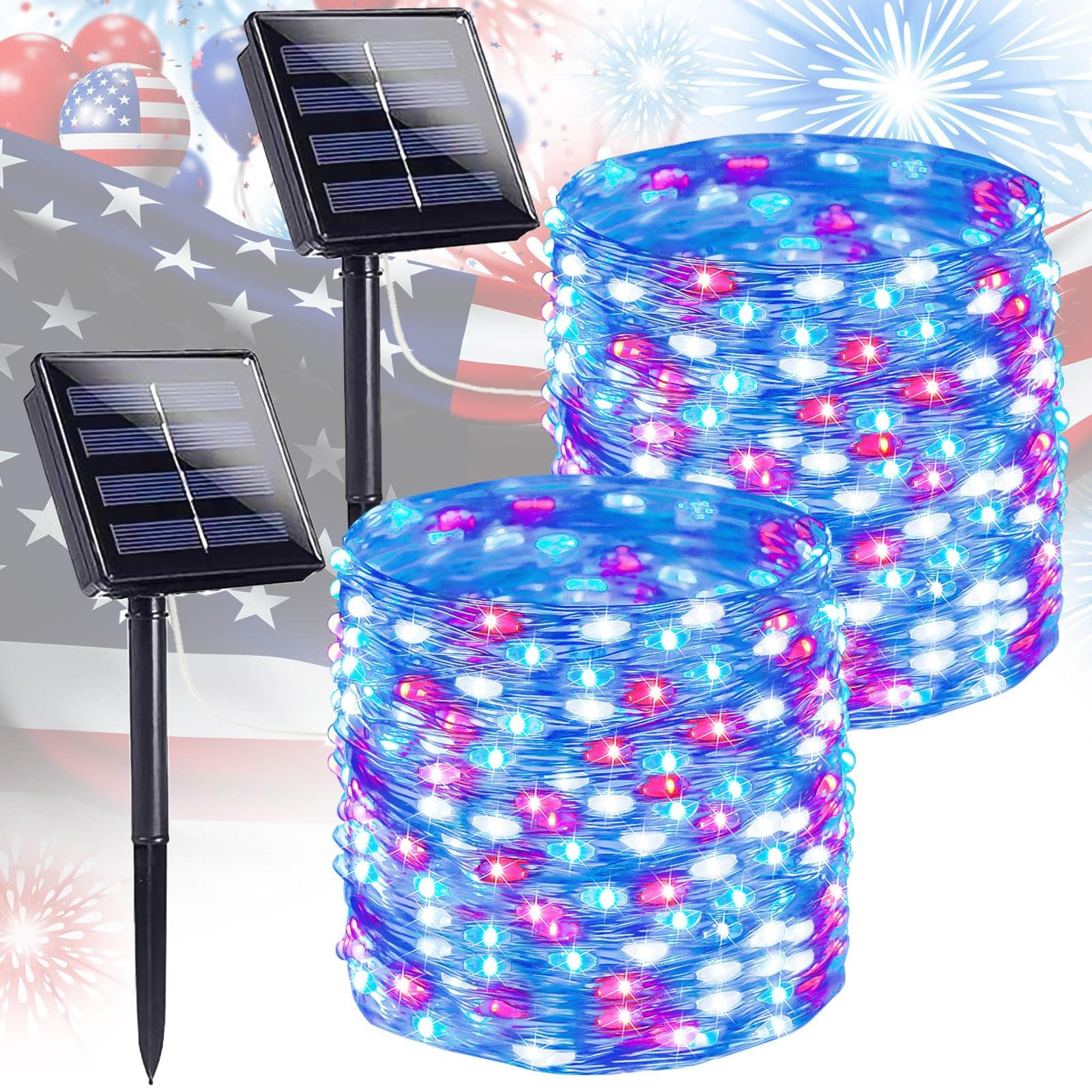 4th of July Decorations Solar String Lights 2Pack 400LED Independence Day Lights for Outside, Red White and Blue Solar Light Waterproof, Copper Wire 8 Modes Twinkle Light for Memorial Day National Day