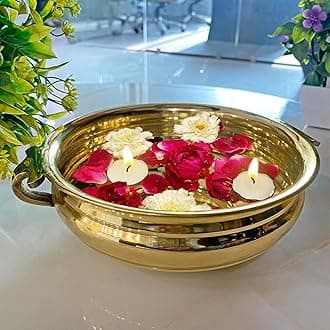 SATVIK Decorative 9.6 Inch (8" Inner Dia) Brass Urli For Floating Candles and Flowers Designer Bowl For Living Room Decoration urli