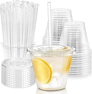 100 Pack 9 oz Plastic Iced Coffee Cups with Flat Lids and Clear Straws, Disposable Clear Cup, BPA Free Cup for Party, Smoothie, Cold Drinks, Juice, Milkshake, Bubble Boba, Tea