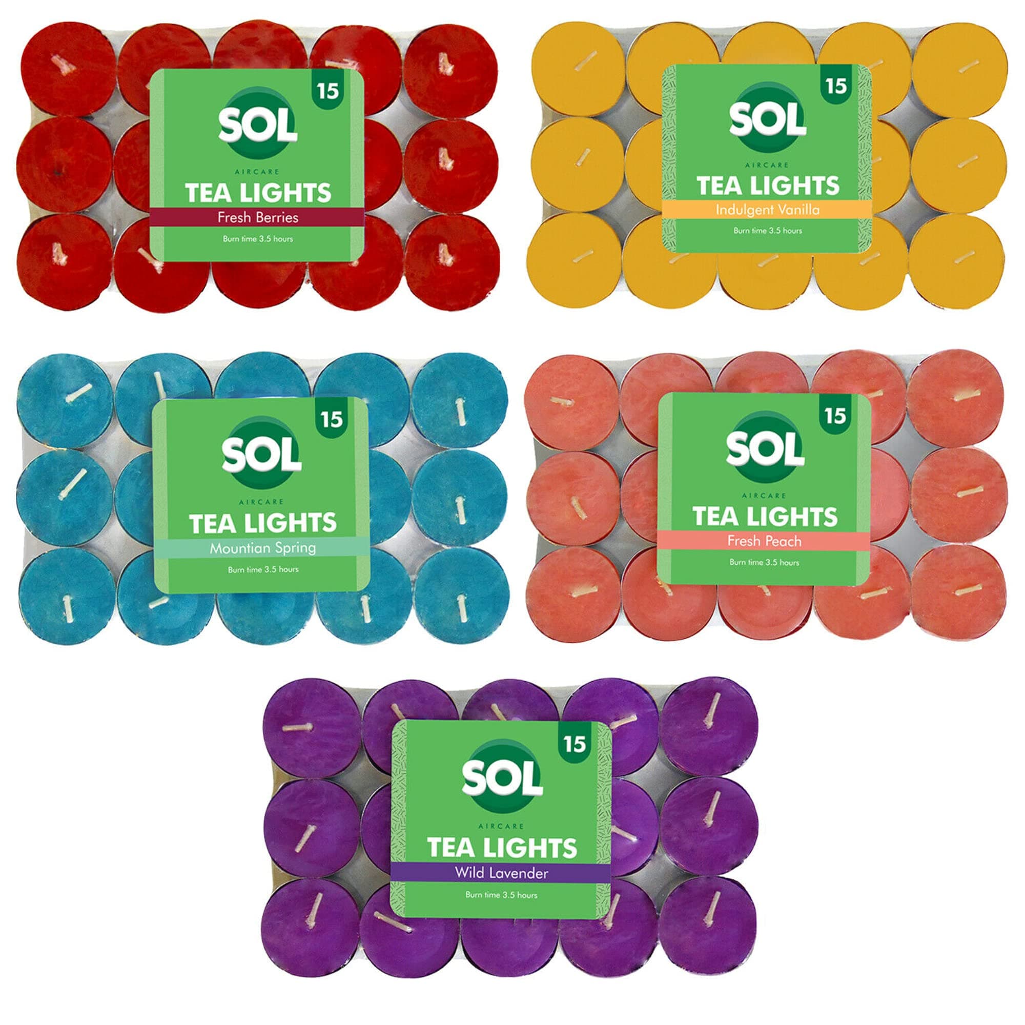 SOL 60pk Mixed Tea Lights Candles Scented Long Burning – 3.5 Hour Burn Time Tealights, Wild Lavender, Fresh Peach, Mountain Spring, Fresh Berries for Home, Spa, Weddings, Anniversaries & Cosy Evenings