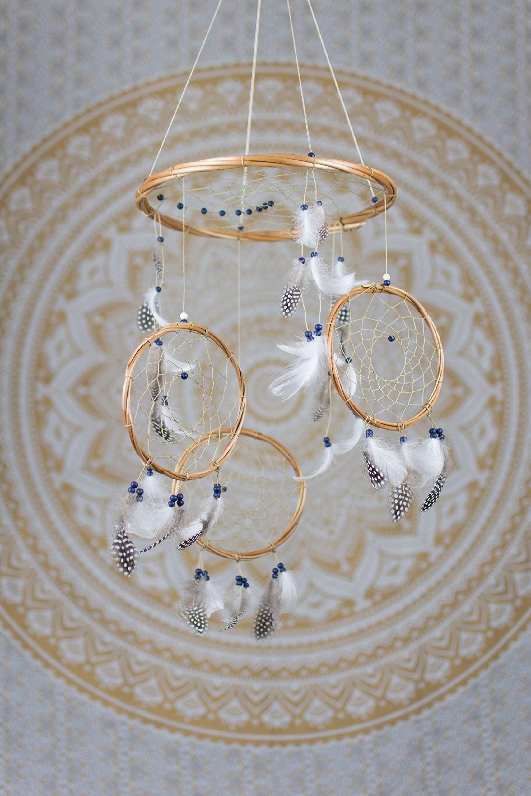 Large Navy and White Dream Catcher Mobile - 12" / 30CM Diameter White Dreamcatcher Mobile Bohemian Dream Catcher Nursery Mobile Crib Mobile Cot Mobile Baby Mobile Boho Decor Wedding Decor