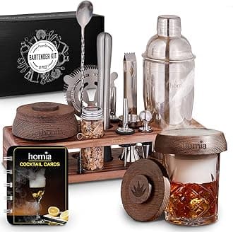 Bartender Kit with Whiskey Smoker - 13 pcs, Pine Stand - Bar Set with Cocktail Shaker, Bartending Kit with Essential Bar Accessory Tools, Wood Chips, Steel