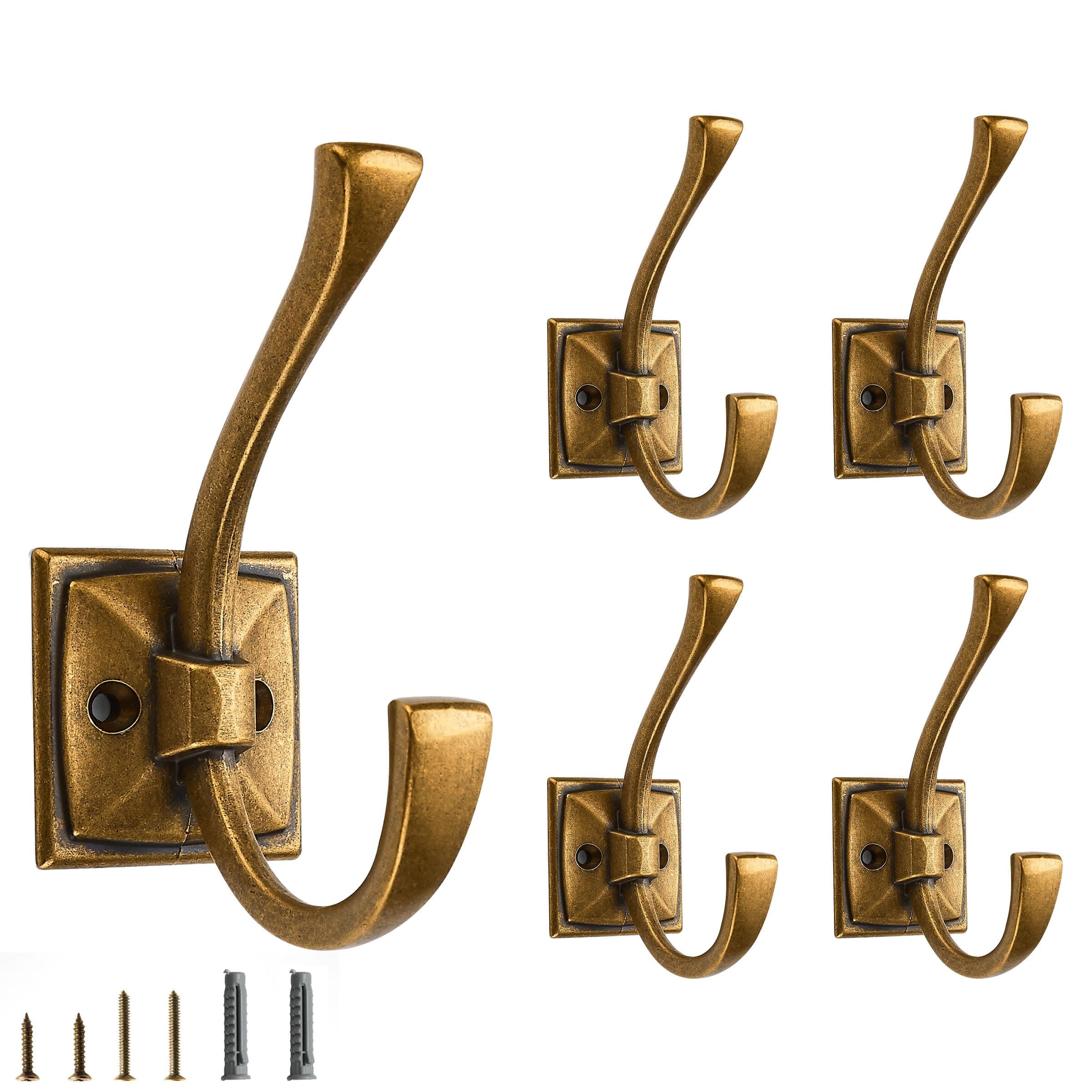5 Pack Decorative Heavy Duty Towel Hooks for Hanging Robe Double Vintage Antique Brass Coat Hooks Wall Mounted with Screws for Key, Towel, Bags, Cup, Hat