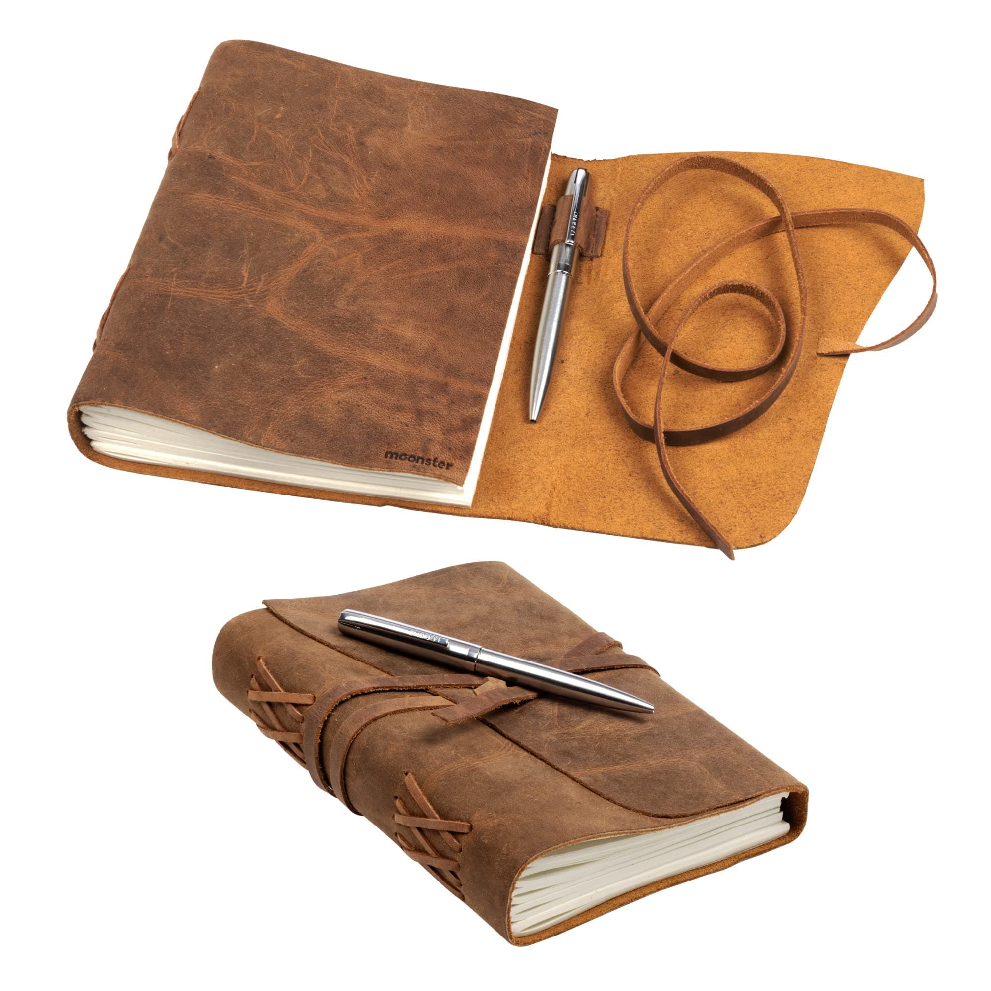 moonster Leather Notebook Gift Set Handmade Writing Book 18 x 13 cm Unlined Vintage Leather Notebook for Men and Women Great Gift with Box, Pen Holder and Luxury Ballpoint Pen