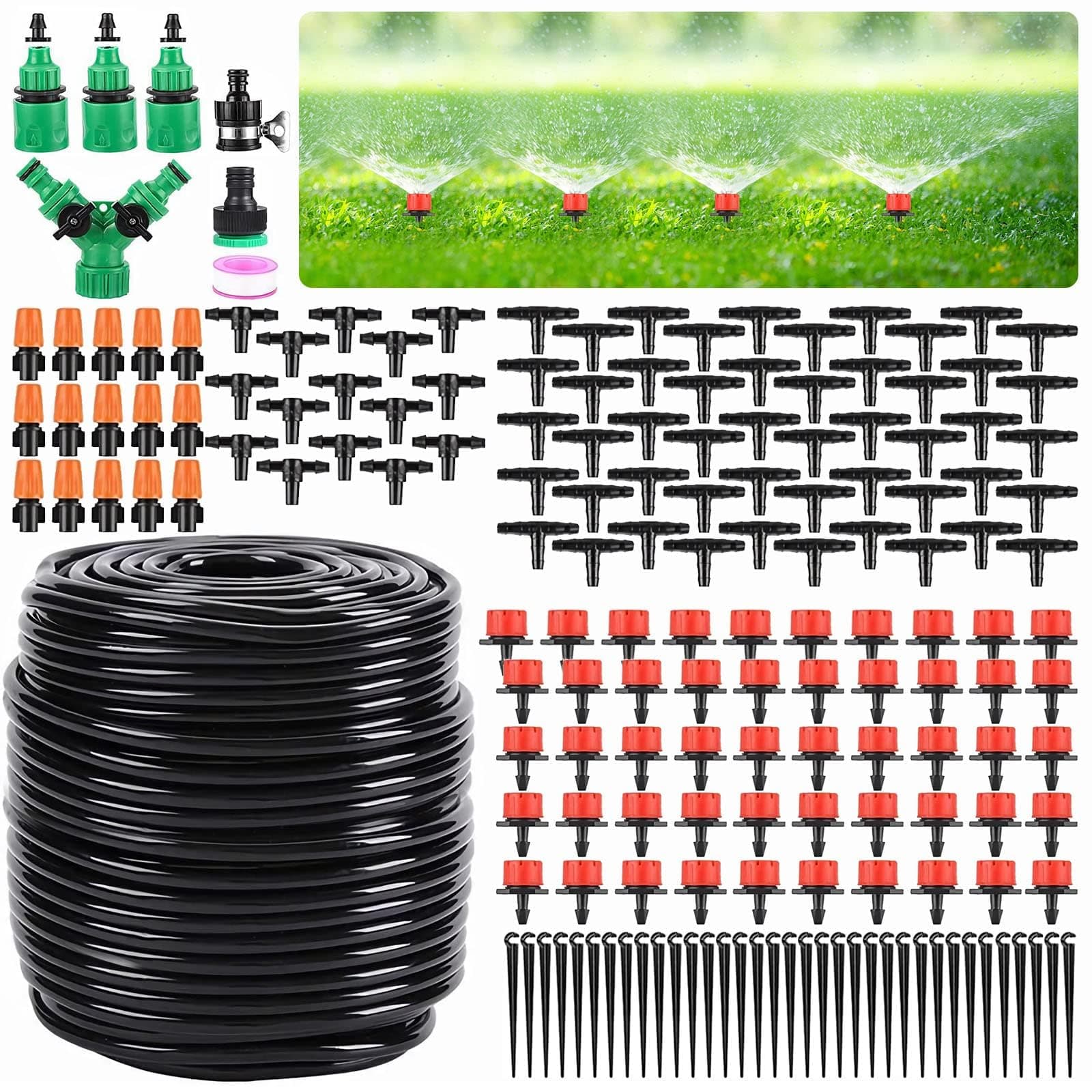 Garden Drip Irrigation Kit, 164FT/50M Greenhouse Micro automatic Drip Irrigation system Kit with 1/4 inch 1/2 inch Blank Distribution Tubing Hose Adjustable Patio Misting Nozzle Emitters Sprinkler