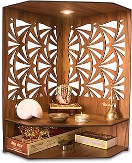 Heartily® Pushp Beautiful Wooden Pooja Stand for Home and Office - Temple Wall with LED Spot Light - H 17, L 10, W 15 Inch