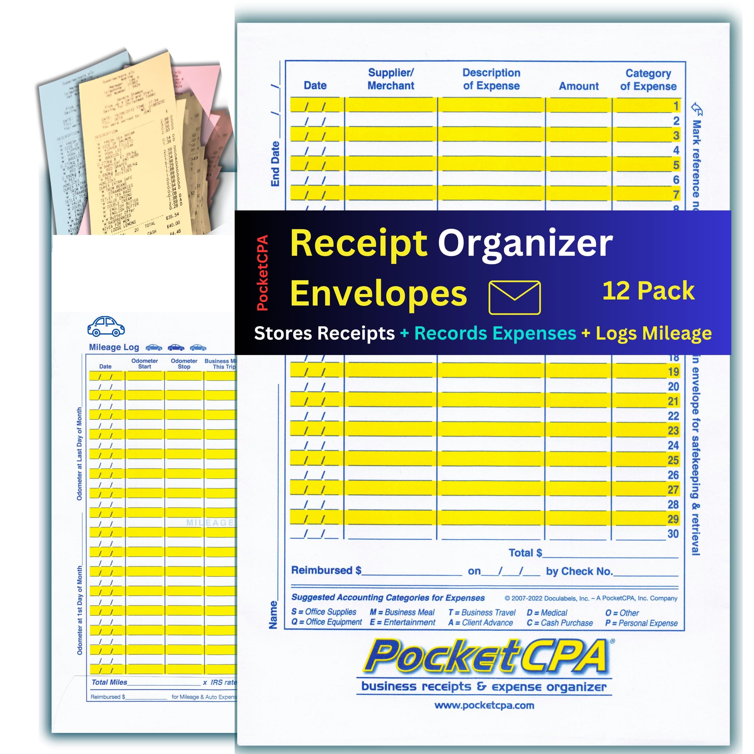 3-in-1 Receipt Organizer Envelopes with Expense & Mileage Logs | 12-Pack | Organize Receipts, Track Business Expenses & Record Auto Mileage | 9.5" x 6.5" | Made in USA.