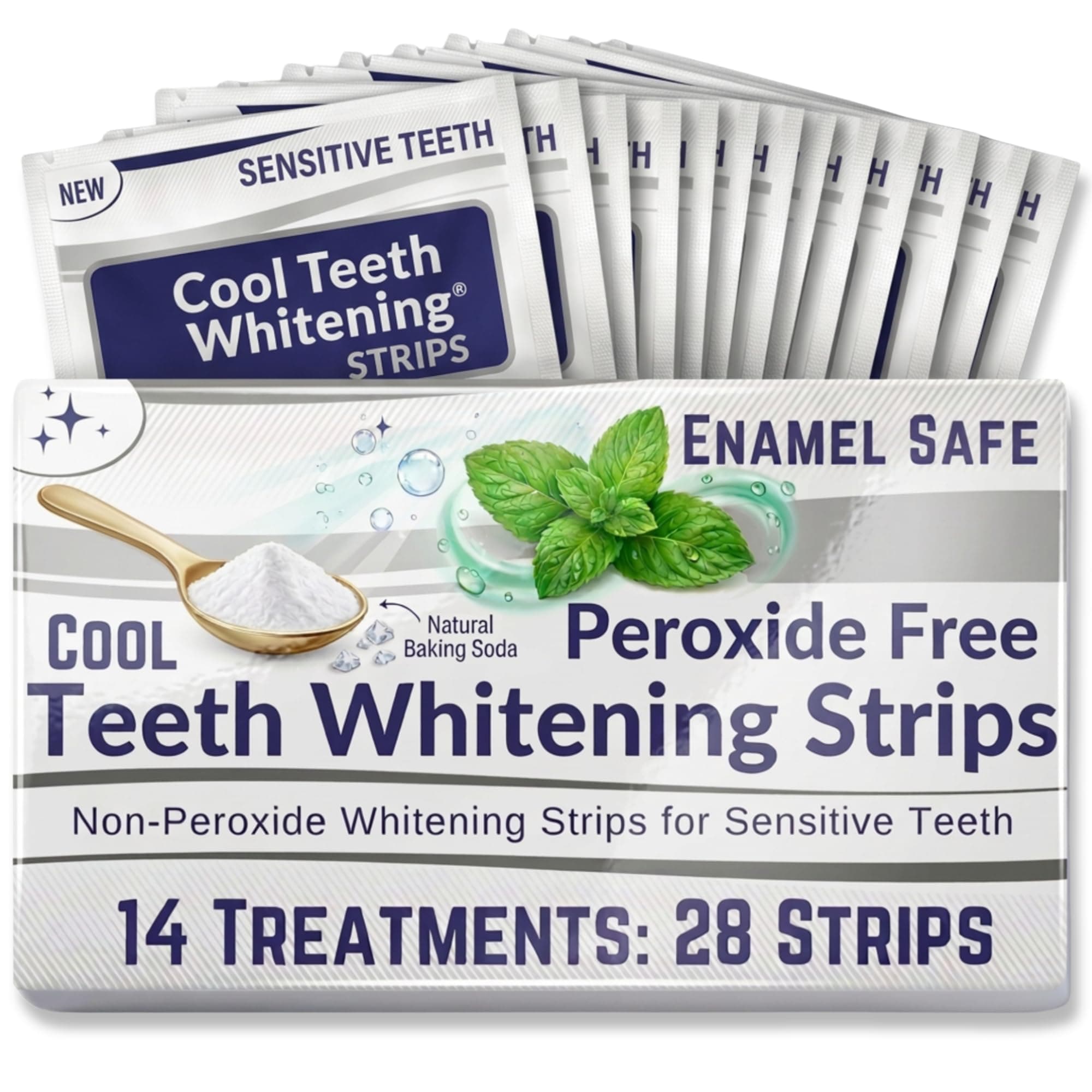 Natural Teeth Whitening Strips for Sensitive Teeth, Peroxide Free, Tooth Whitener White Strips, Enamel Safe No Bleach Formula, Vegan Whitening Kit, Mint Flavor Baking Soda Gel, 14 Day 28 Count
