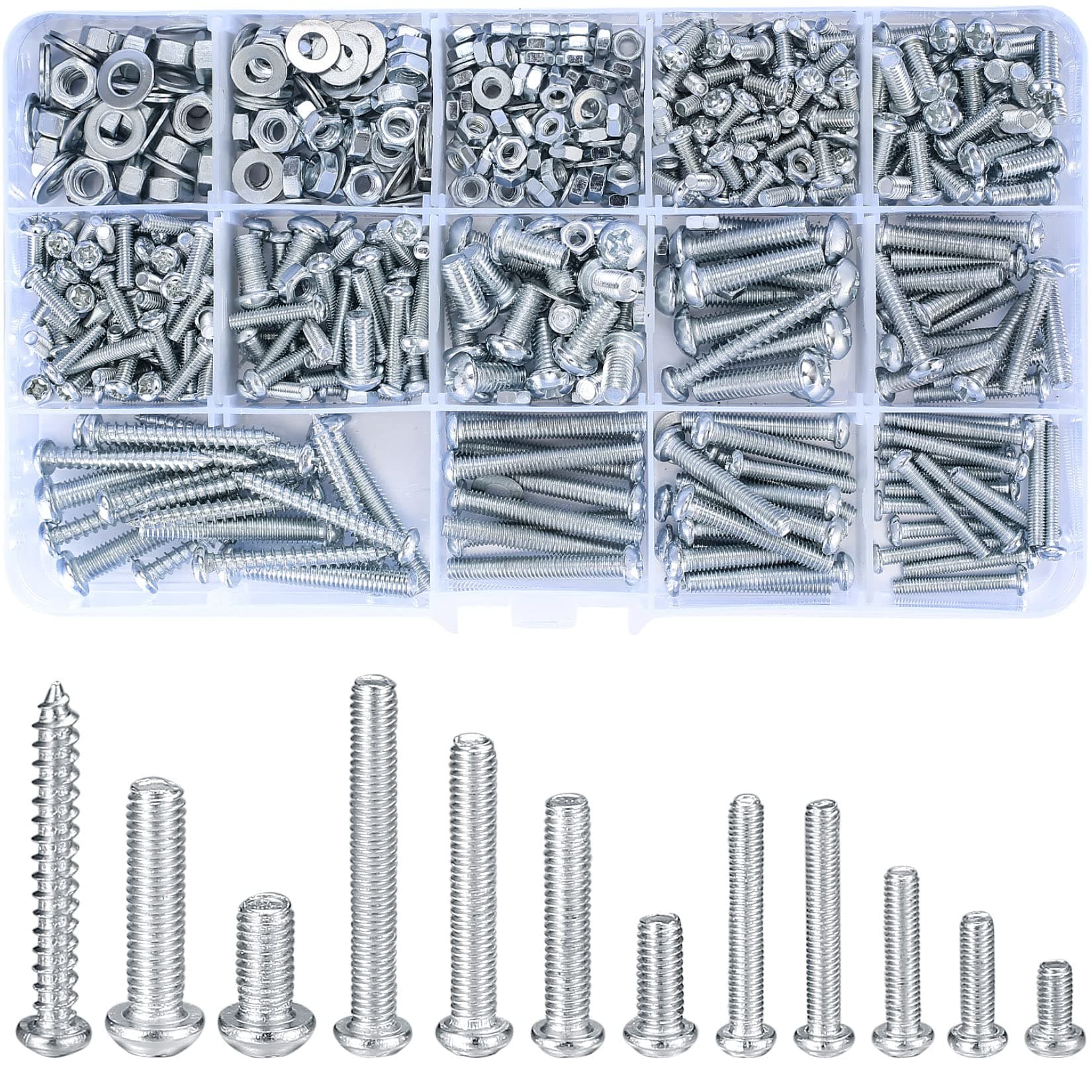 Vwoqiy 550 Pcs Round Cross Pan Head Screws Nuts Flat Washers Assortment Kit, M3 M4 M5 Machine Screws Bolts and Nuts Sets, with Storage Box, 12 Size (silvery 550)