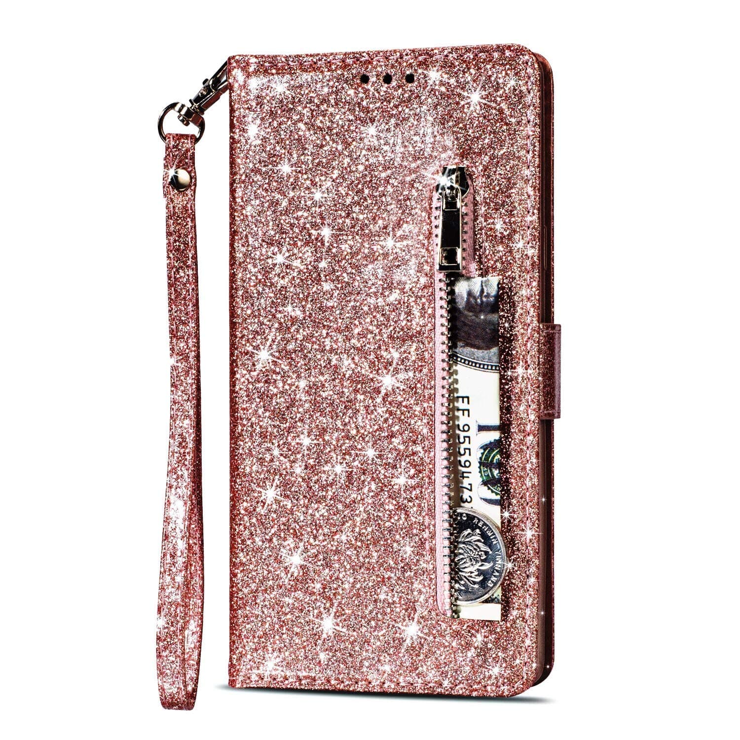 SUPZY Wallet Case for Samsung Note 9, Sparkly Glitter Flip PU Leather Credit Card Holder Cash Pockets Wristlet & Zipper Protective Case for Samsung Galaxy Note 9 (Bling Rose Gold)