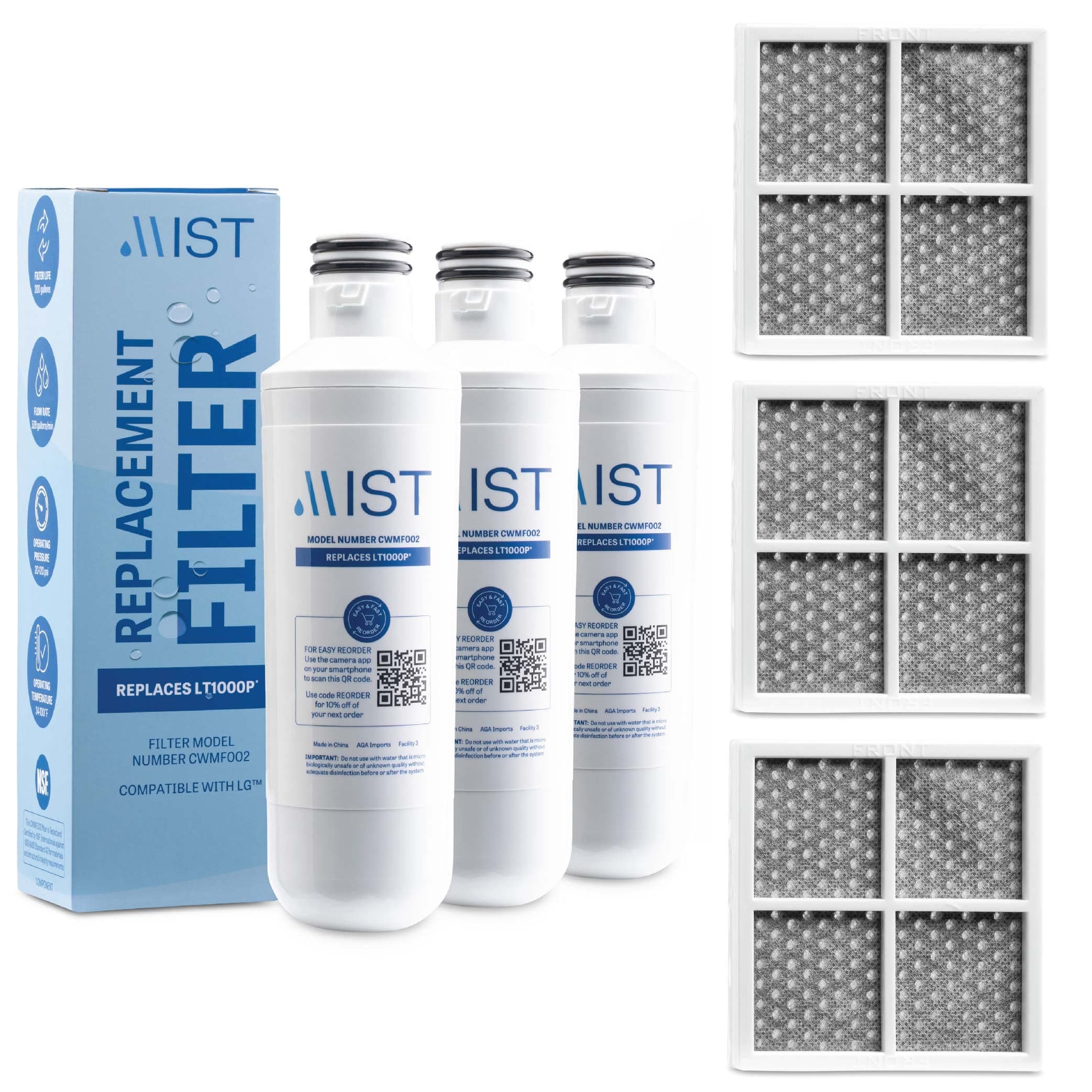 Mist LT1000P Water Filter and Air Filter replacement for LG : ADQ747935, MDJ64844601, LMXS28626D, LT1000PC, LT-1000PC Kenmore 46-9980, 469981 & LT120F (3 Combo Pack) Refrigerator Water Filter