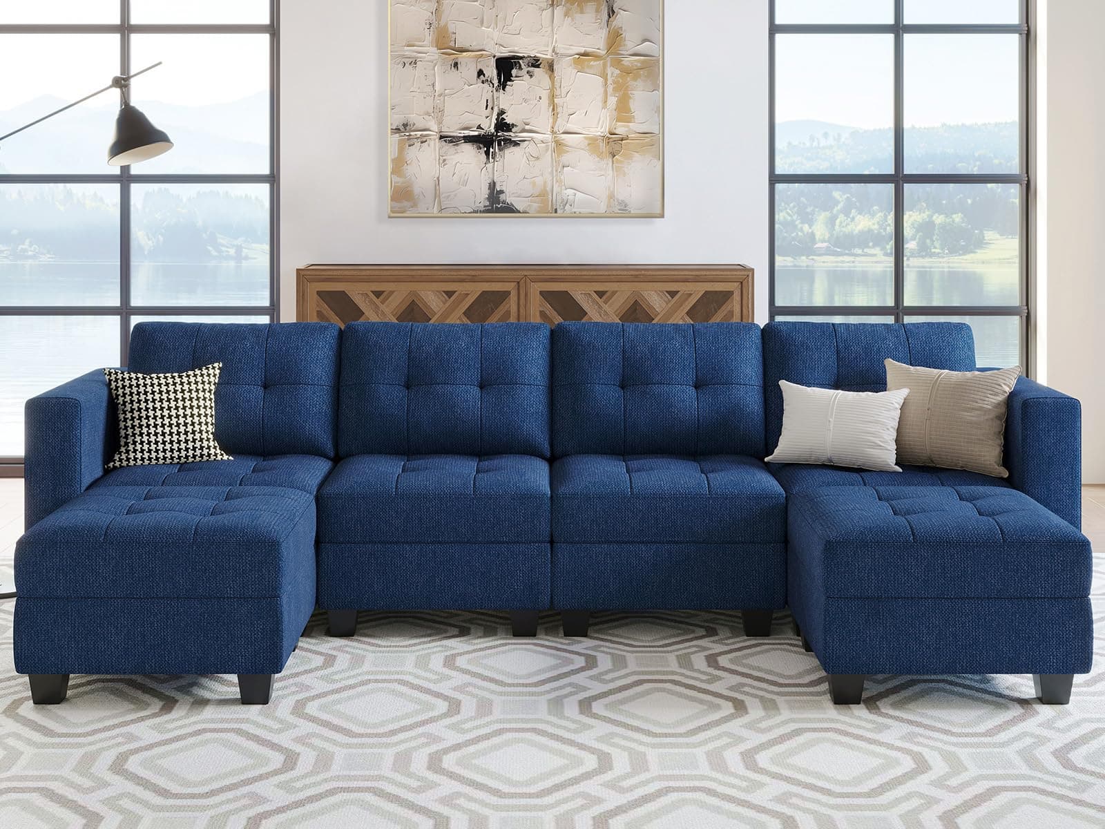 Belffin Reversible Storage Modular U-Shape Sectional Sofa Couch with Double Chaises Modular Sectional Sofa Set with Ottomans Fabric Blue