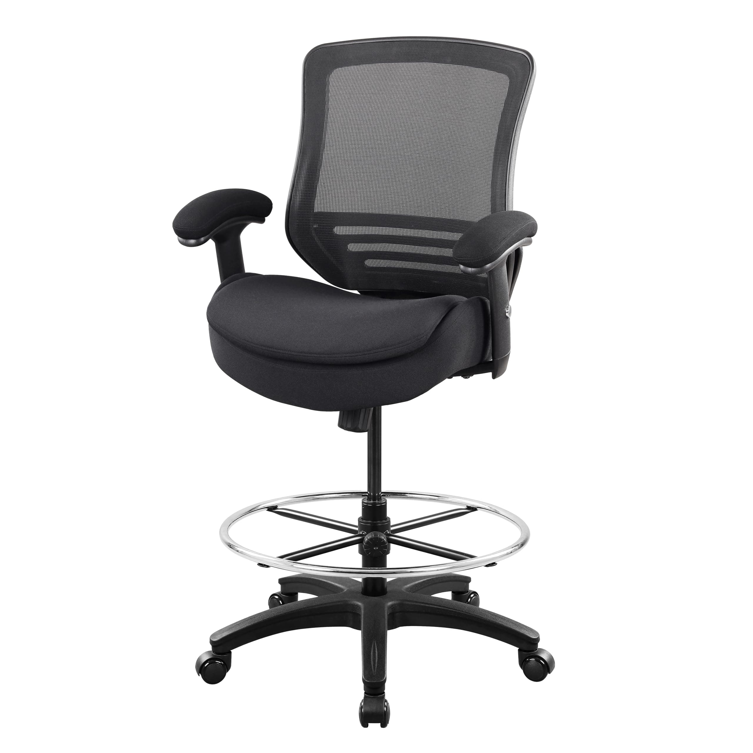 Drafting Chair Mesh Computer Tall Office Chair, Standing Desk Stool with Lumbar Support Pillow, Height Adjustable Armrest and Adjustable Foot Ring (LBS-2810D, All Black)