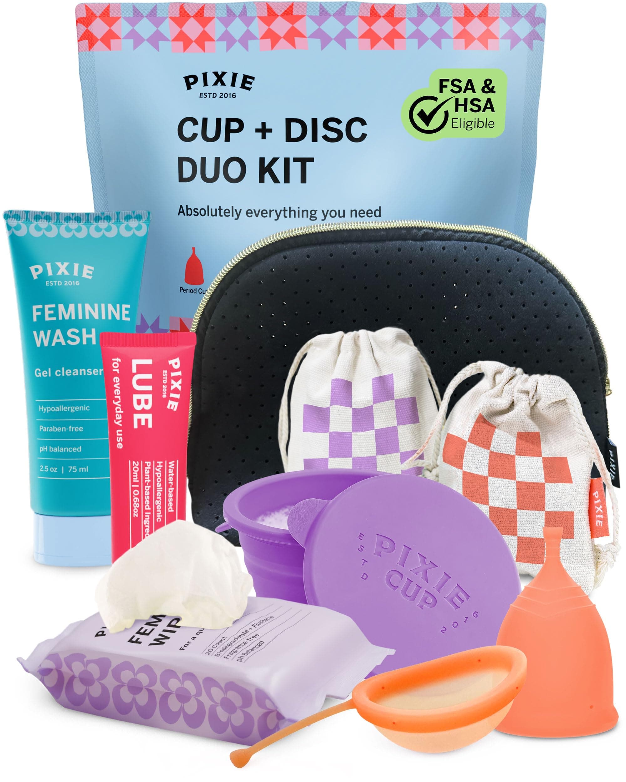 Pixie Menstrual Cup & Disc Duo Kit for Feminine Care - Most Comfortable Reusable Period Cup & Disc - Buy One We Give One - with Guide, Flushable Wipes, Lube, Feminine Wash, Carry Cup & Storage Bag