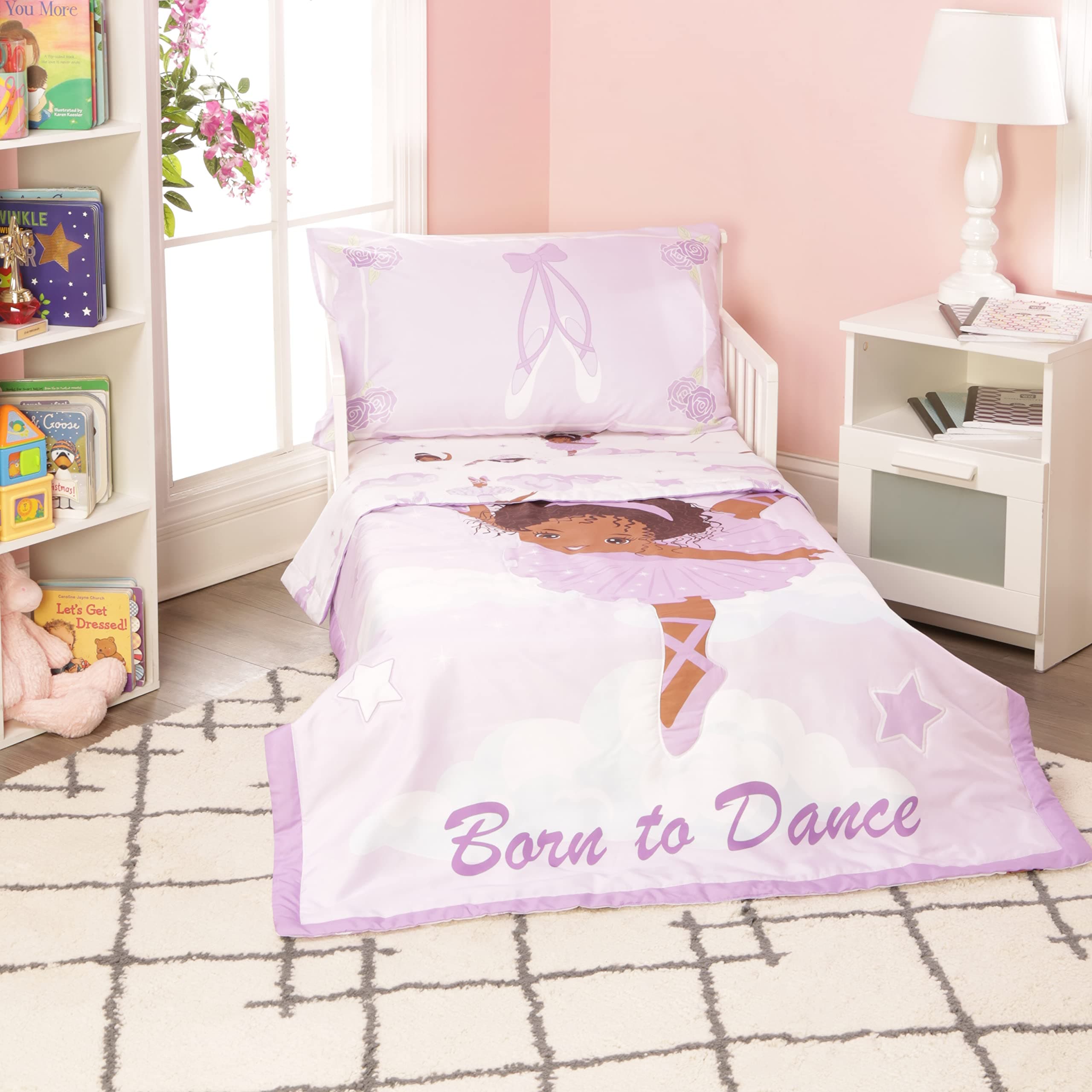 EVERYDAY KIDS 4 Piece Toddler Bedding Set – African American Ballerina - Includes Comforter, Flat Sheet, Fitted Sheet and Reversible Pillowcase – Girls Toddler Bedding